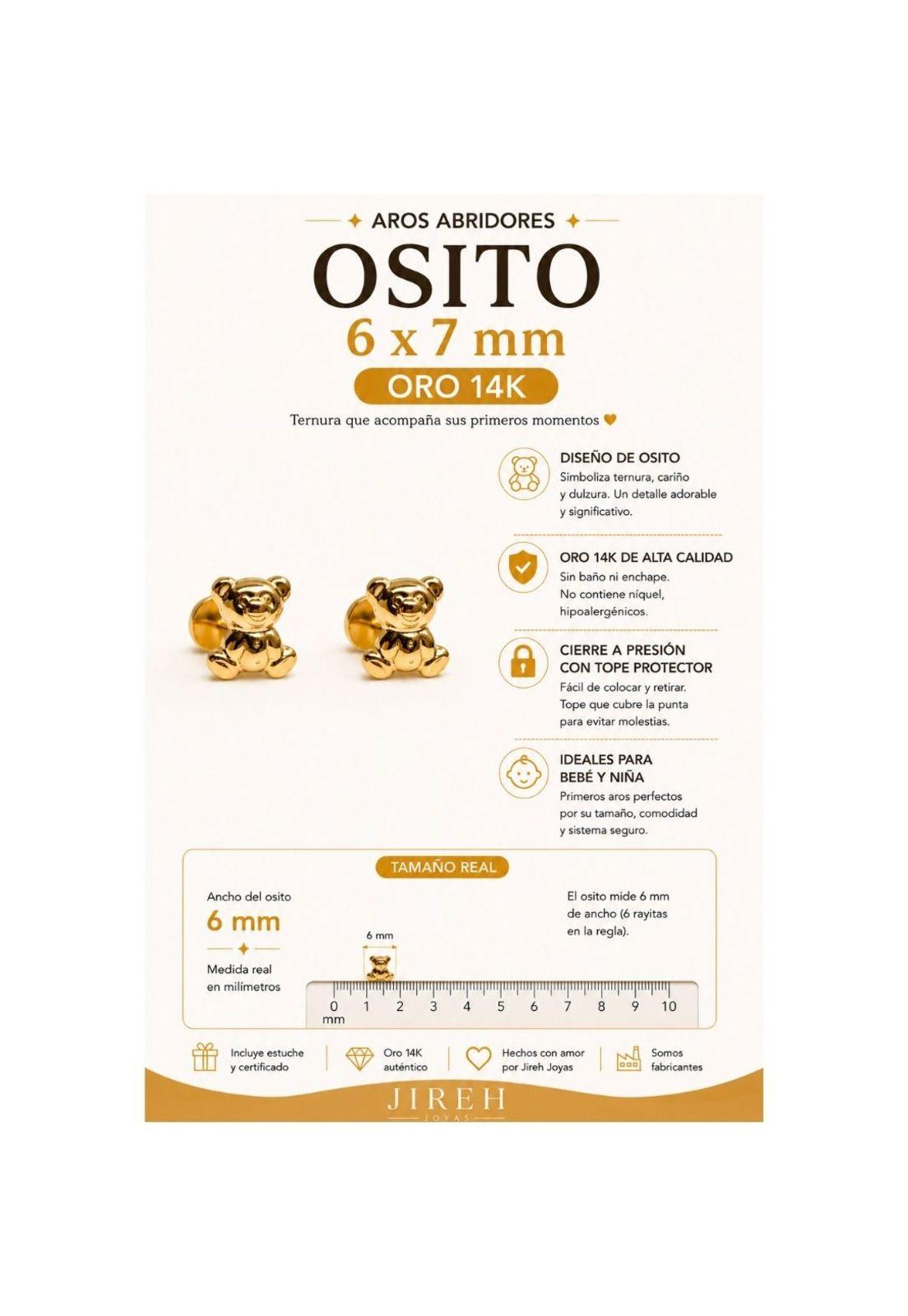 Aros Abridores Osito 6x7mm Oro 14k Oso Bebé Niña Dorado-6