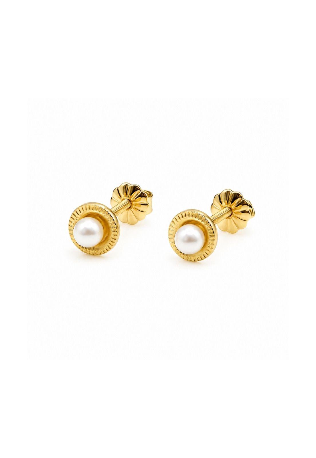 Aros Perla Blanca Redondela 5mm Oro 18k 0.90gr Mujer Niña Dorado-0
