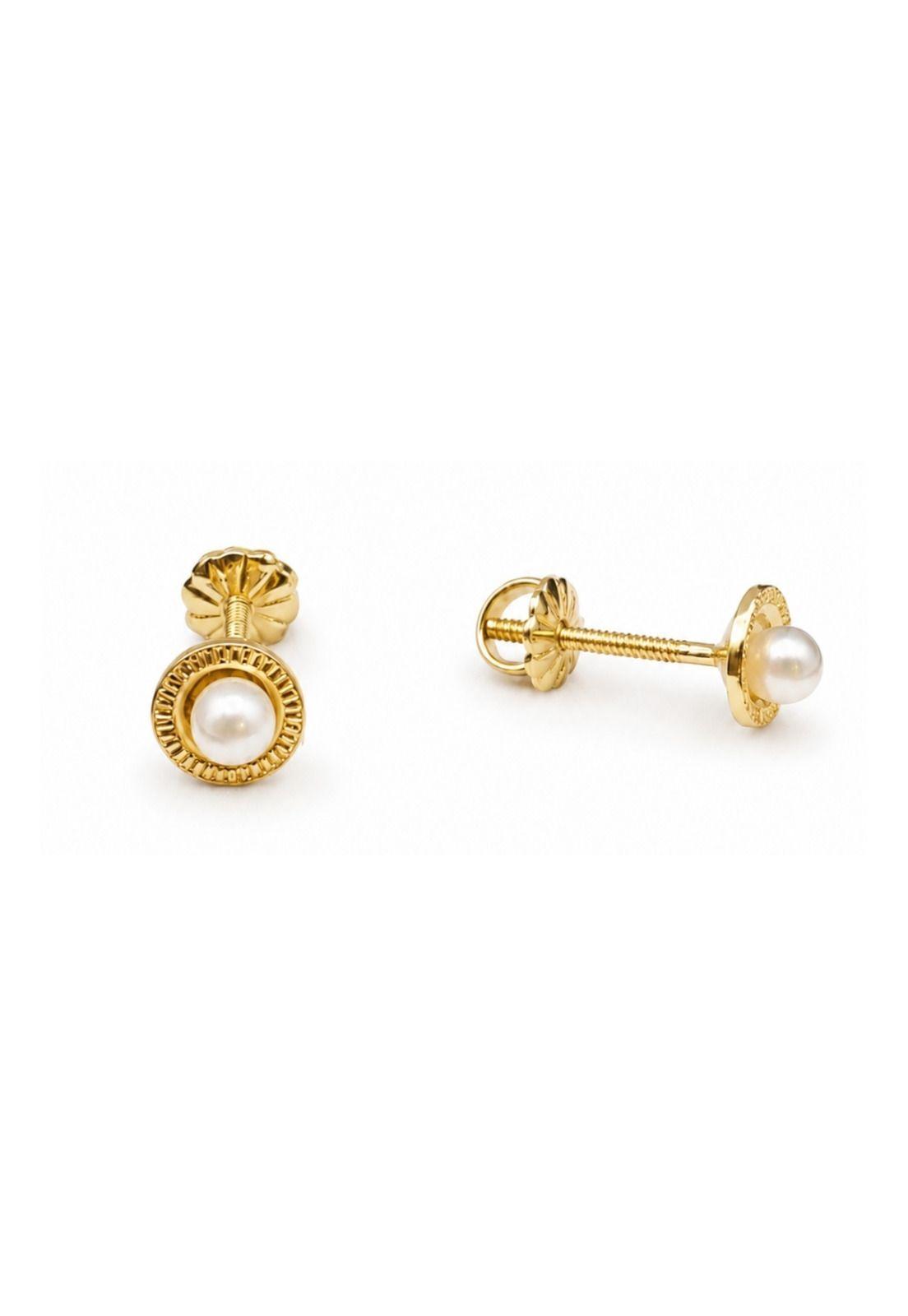 Aros Perla Blanca Redondela 5mm Oro 18k 0.90gr Mujer Niña Dorado-1