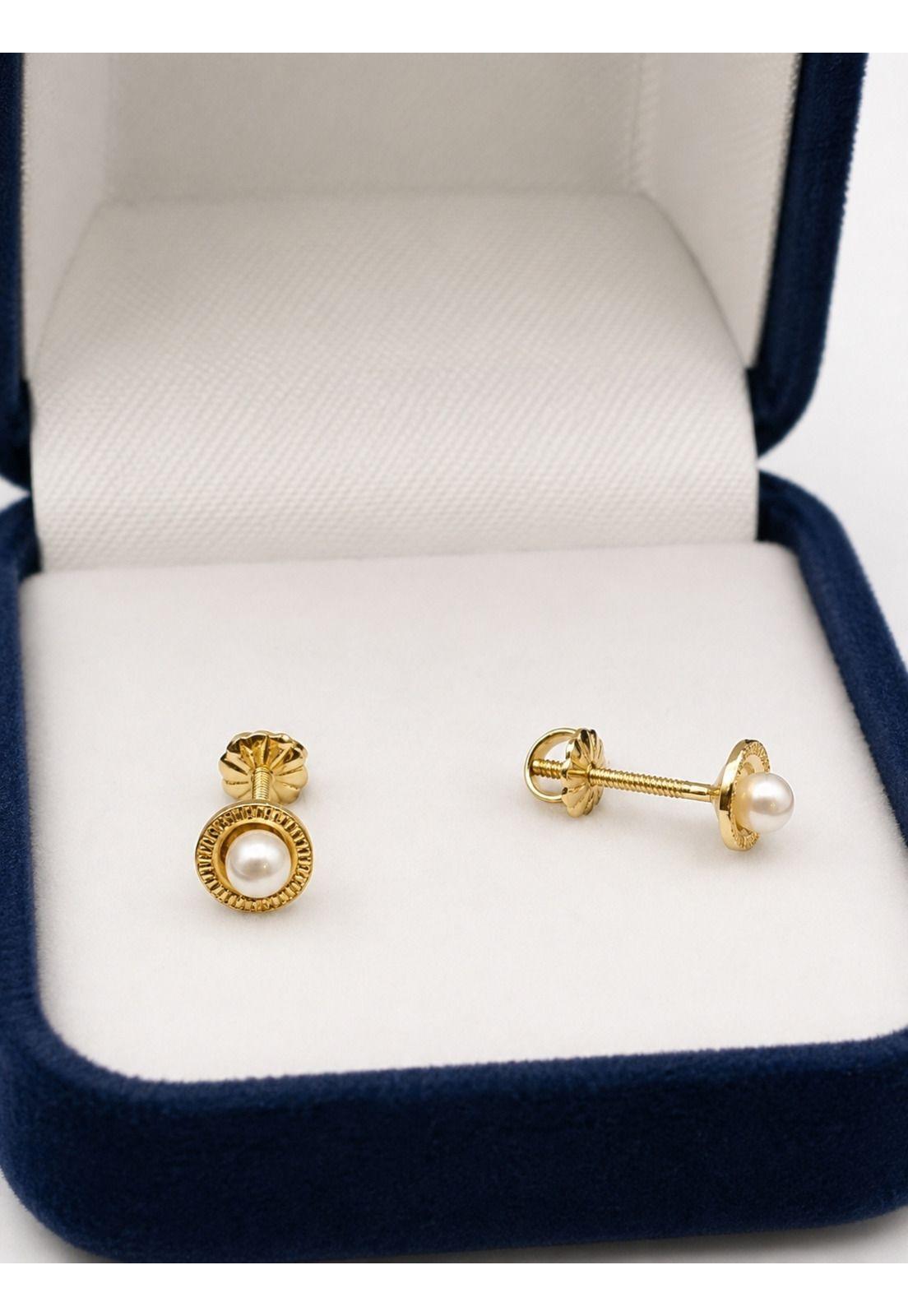 Aros Perla Blanca Redondela 5mm Oro 18k 0.90gr Mujer Niña Dorado-3