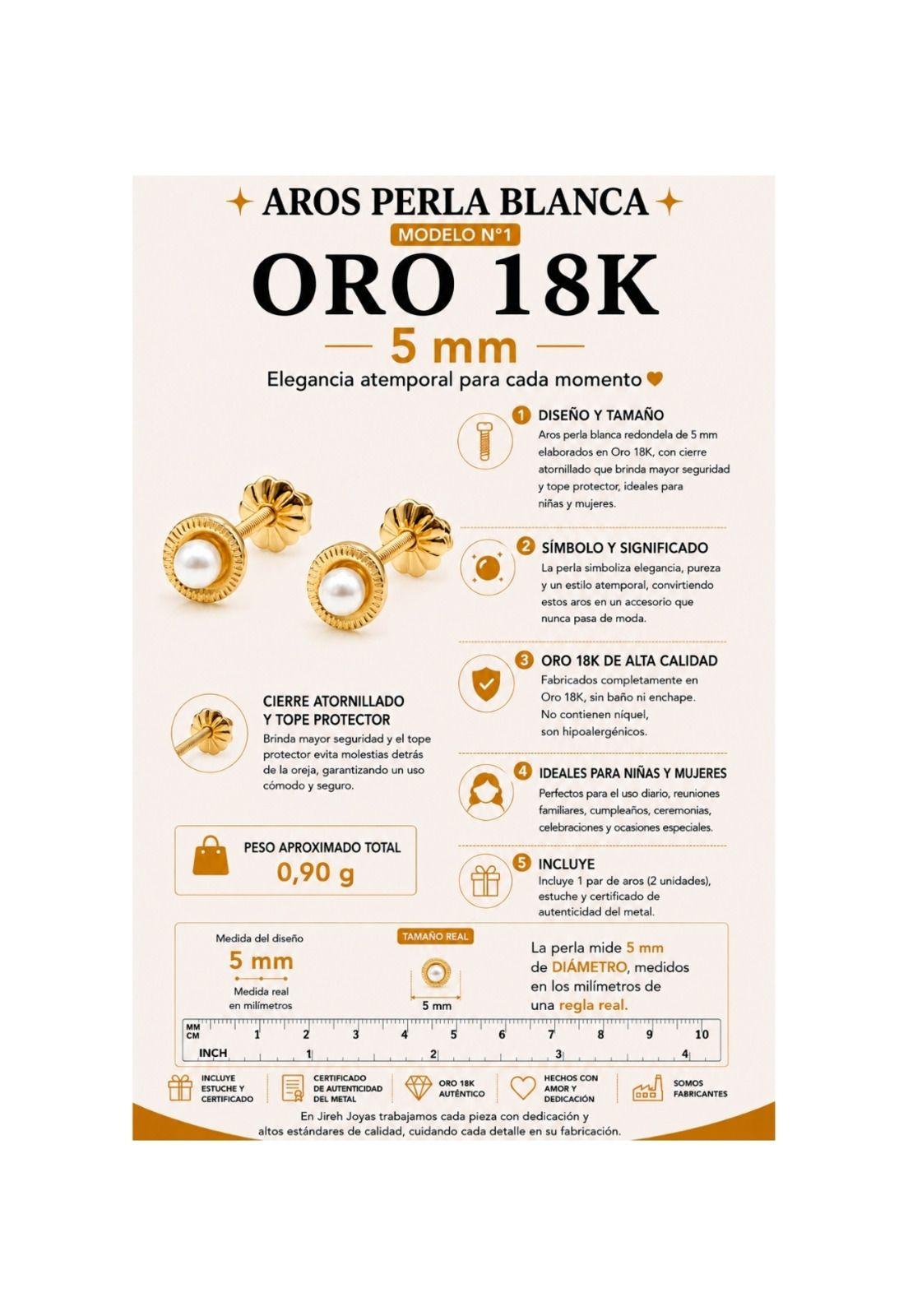 Aros Perla Blanca Redondela 5mm Oro 18k 0.90gr Mujer Niña Dorado-4