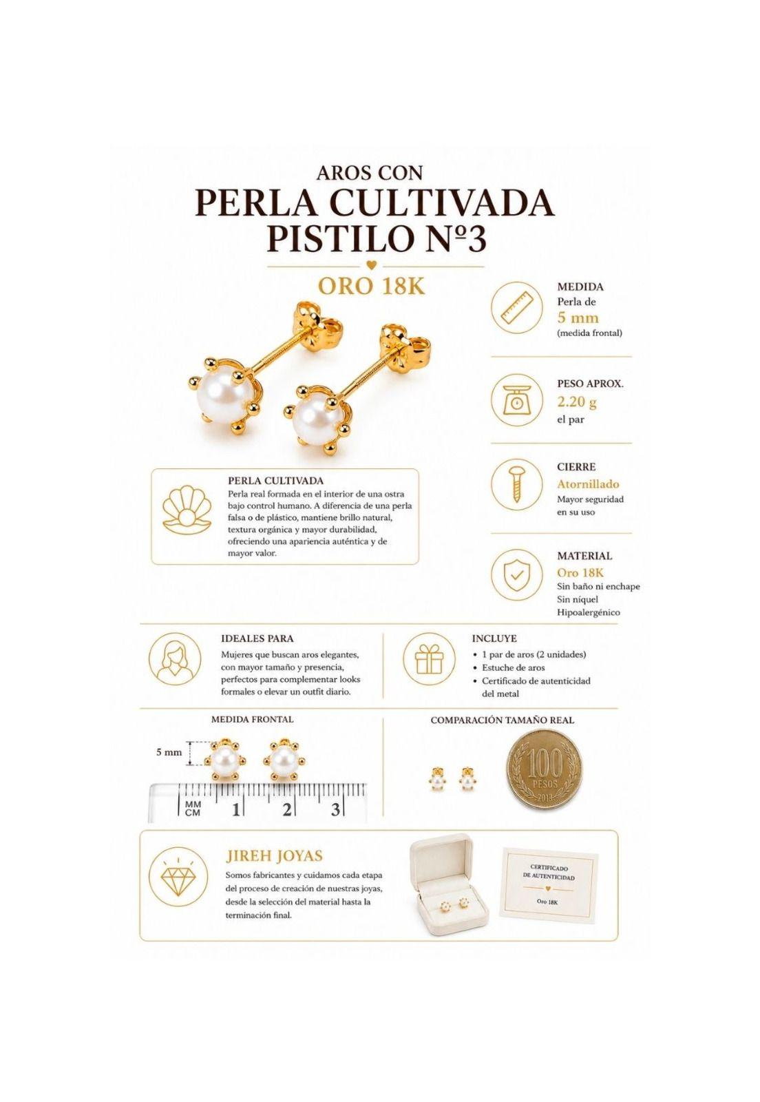 Aros Perla Cultivada Pistilo 5mm N3 Oro 18k 2.2gr Mujer Dorado-3