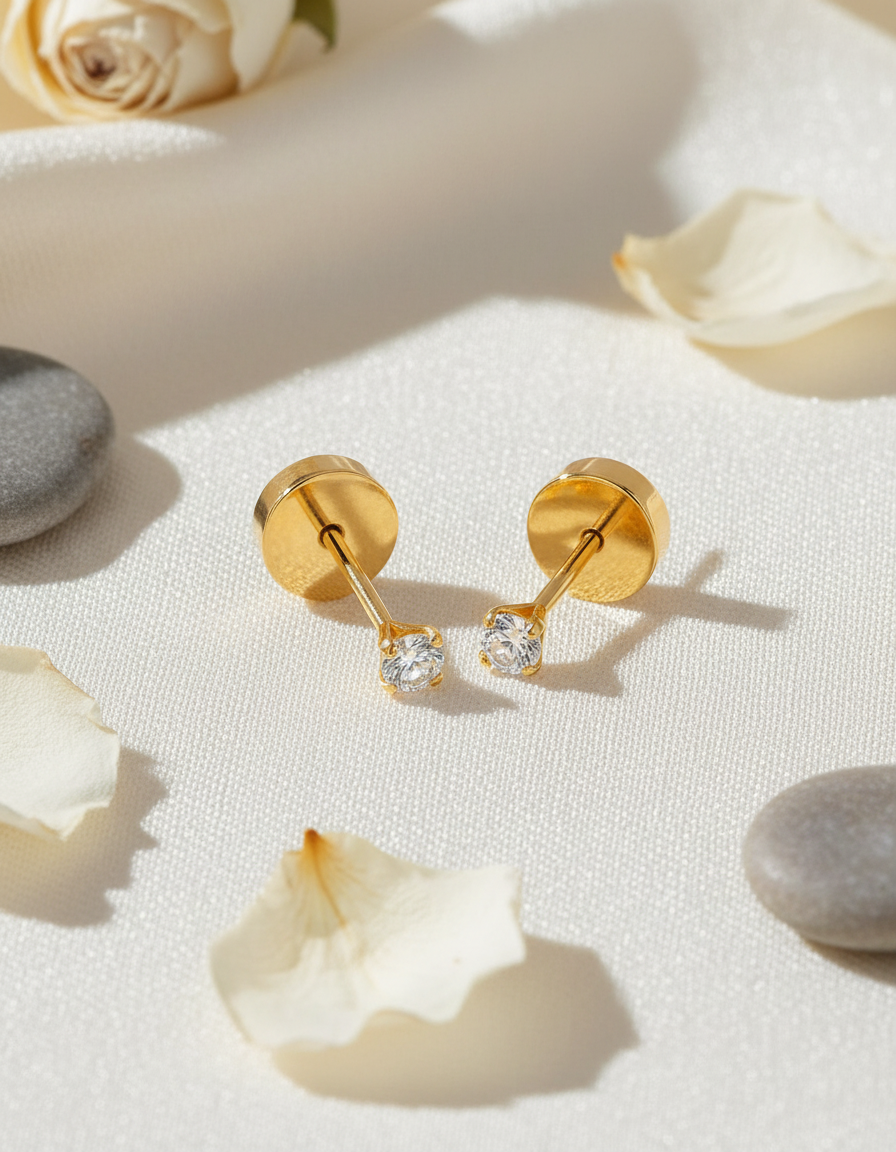 Aros Abridores Chispas 2 mm Oro 18K con Circ n y Tope a Presi n No1-2