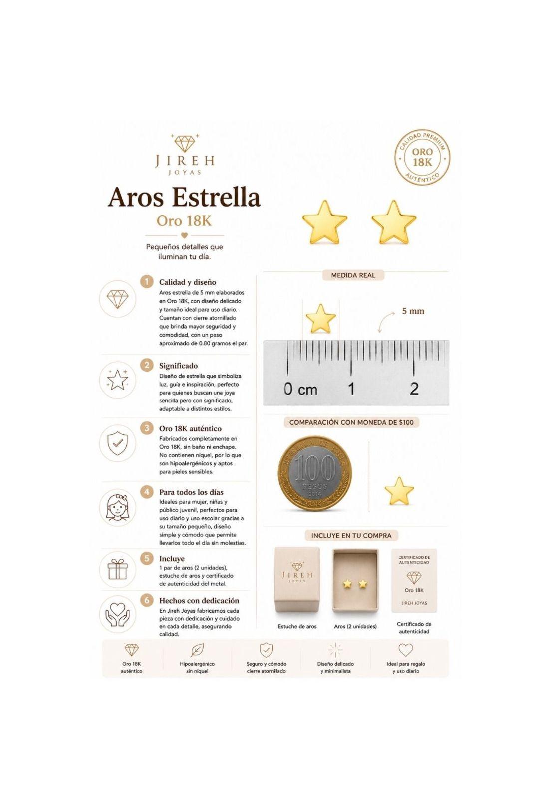 Aros Estrella 5mm Oro 18k 0.80gr. Mujer Niña Juvenil Dorado-4