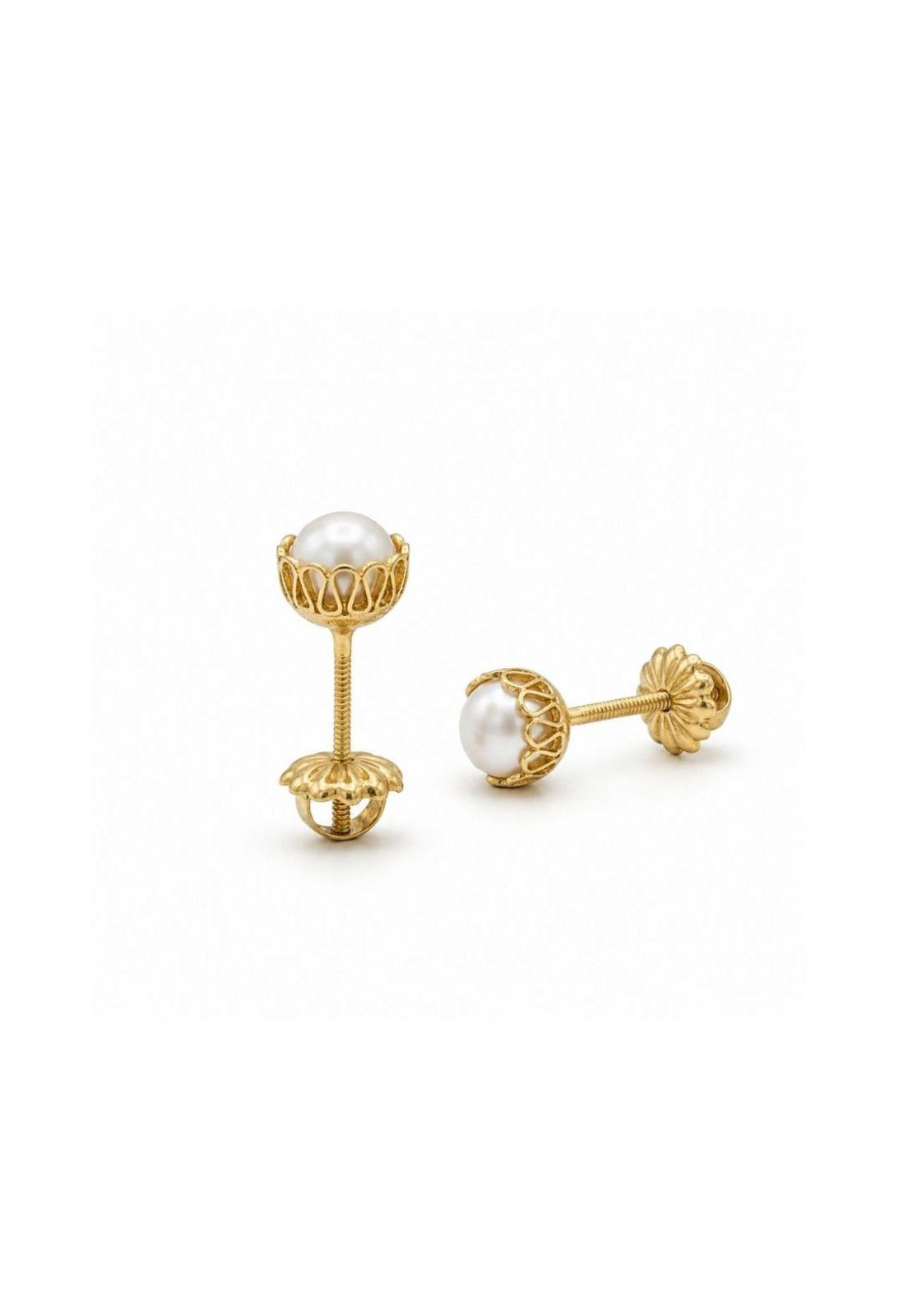 Aros Perla Río Blanca Cuello de Payaso 6mm Oro 18K Atornillado 2.4gr Mujer Elegante.-2