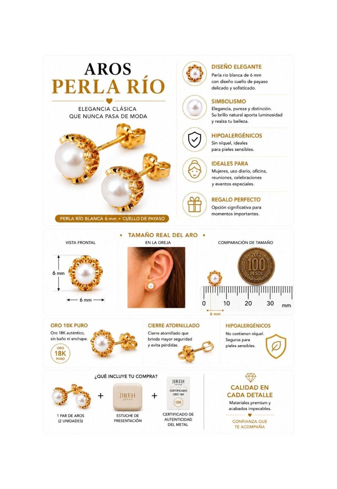 Aros Perla Río Blanca Cuello de Payaso 6mm Oro 18K Atornillado 2.4gr Mujer Elegante.-4