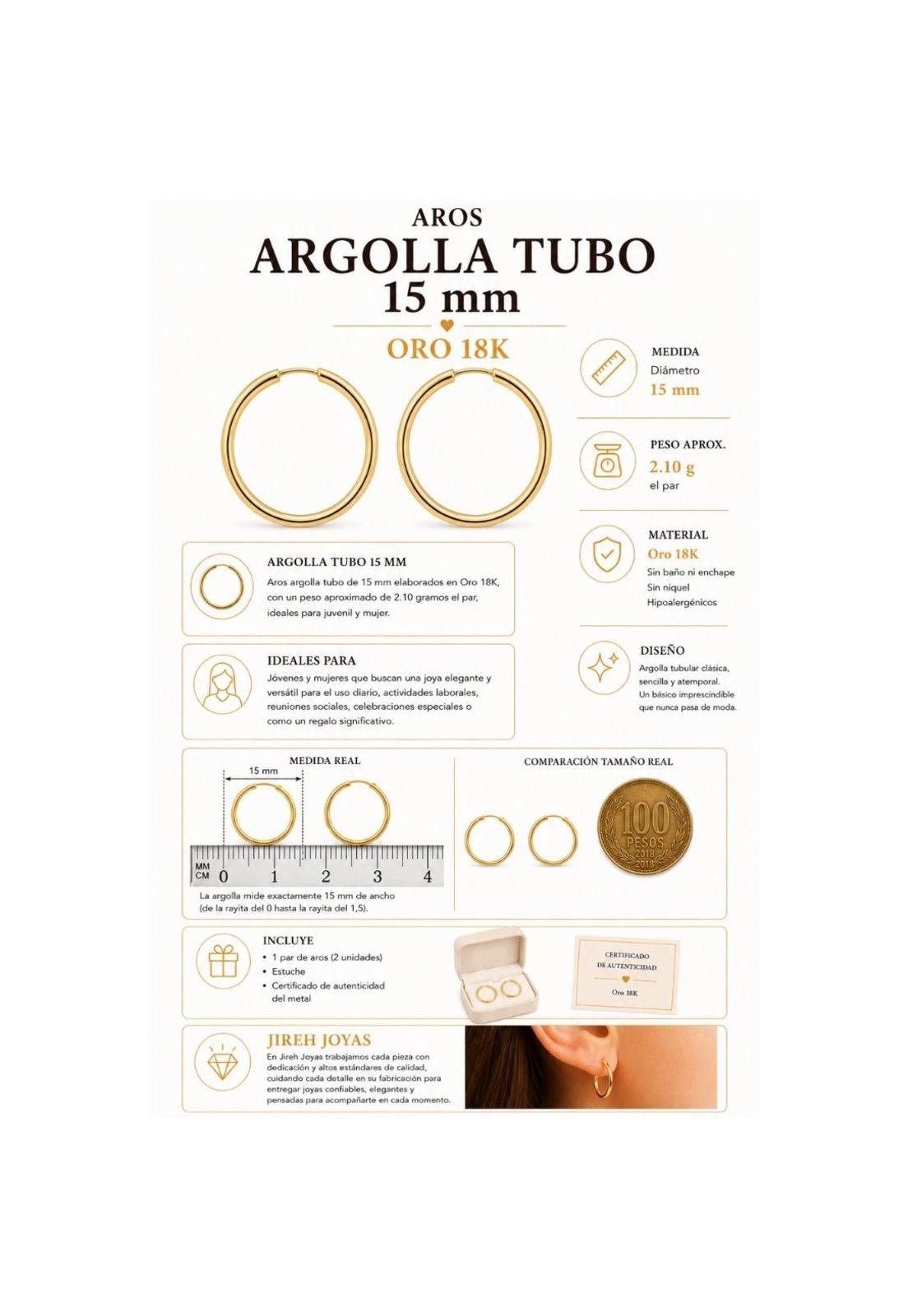 Aros Argolla Tubo 15mm Oro 18k 2.10gr Clásicas Regalo Mujer Dorado-5