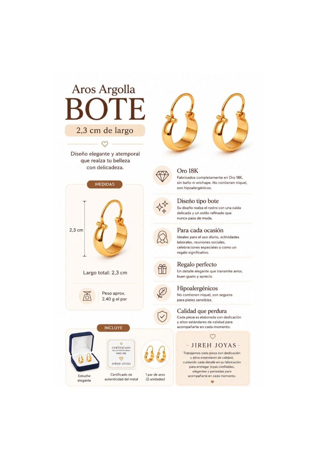 Aros Argolla Bote 2,3cm Largo N3 Oro 18k 2.40gr Mujer Regalo Dorado-6