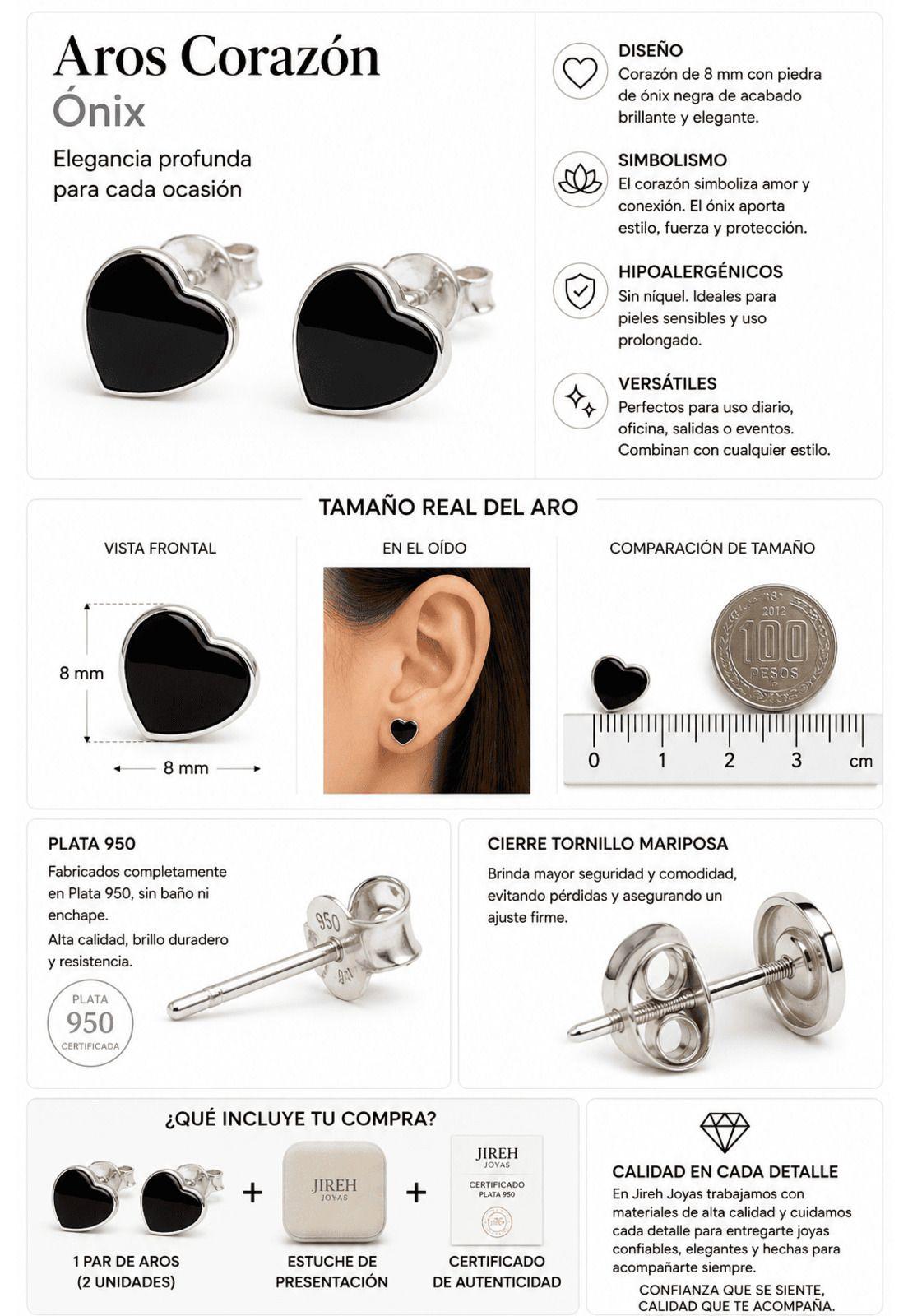 Aros Ónix Corazón Plata 950 8mm Mujer Elegantes Piedra Negra.-3