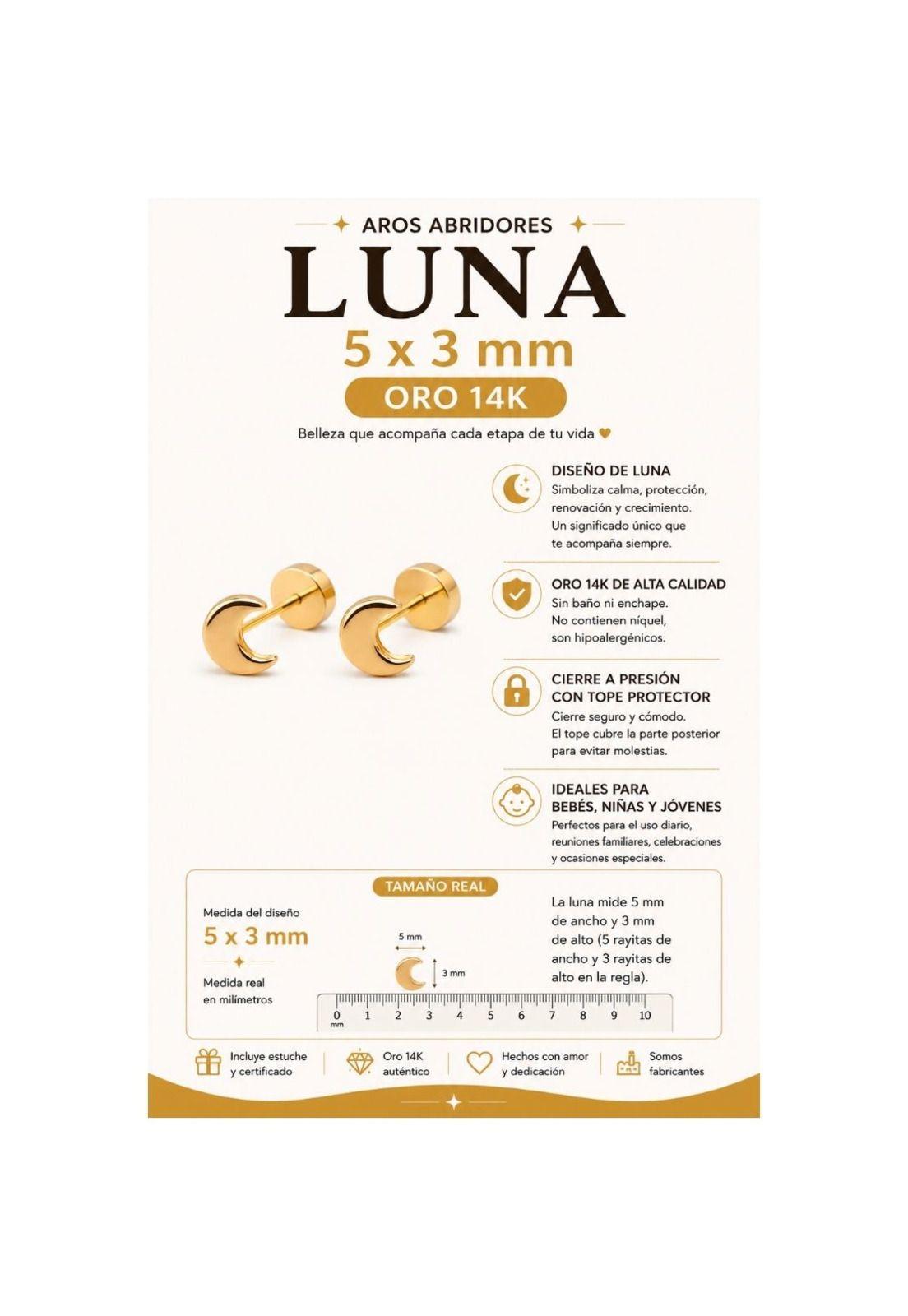 Aros Abridores Luna 5x3mm Oro 14k Bebé Niña Juvenil Dorado-5
