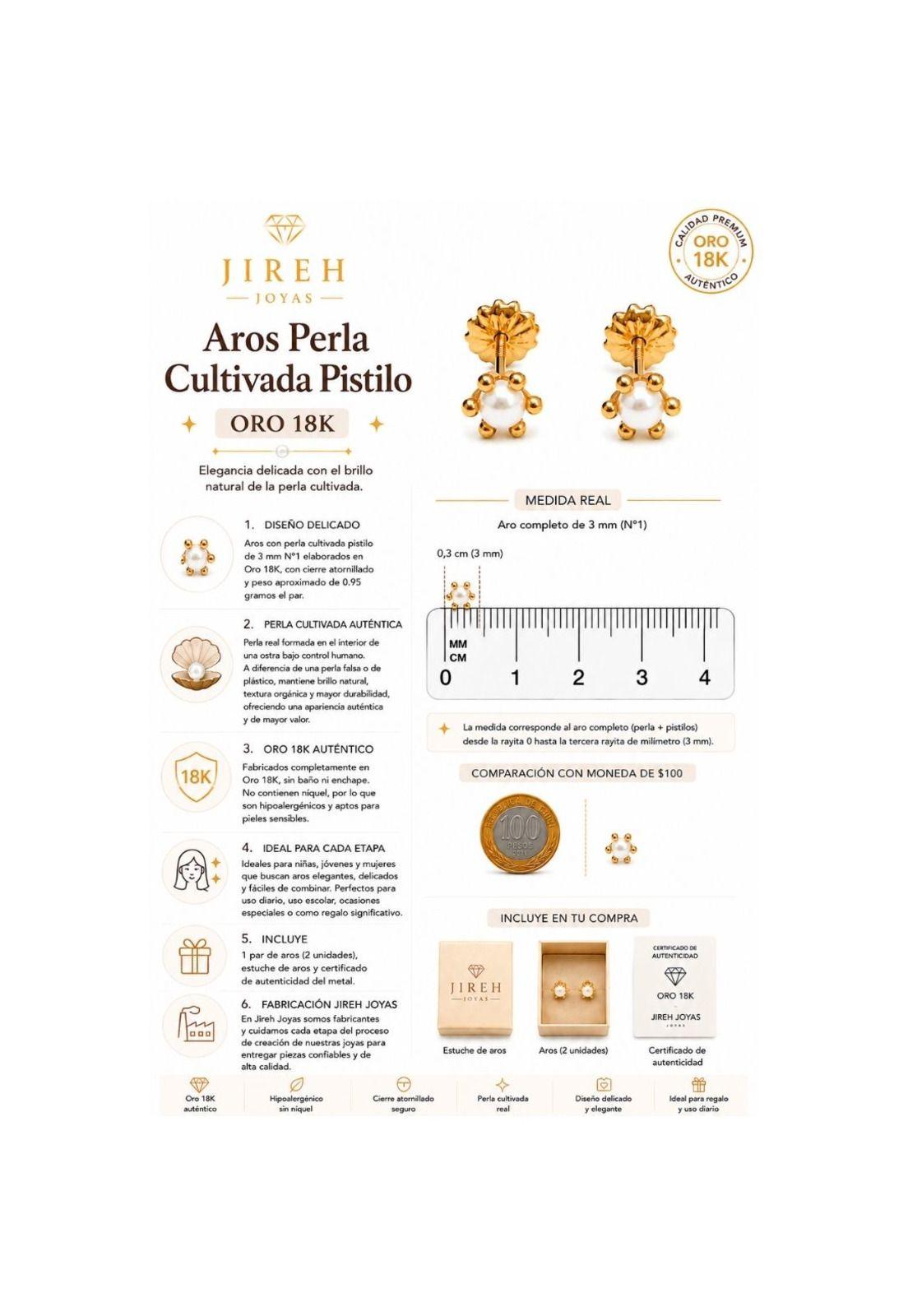 Aros Perla Cultivada Pistilo 3mm N1 Oro 18k 0.95gr Mujer Dorado-5