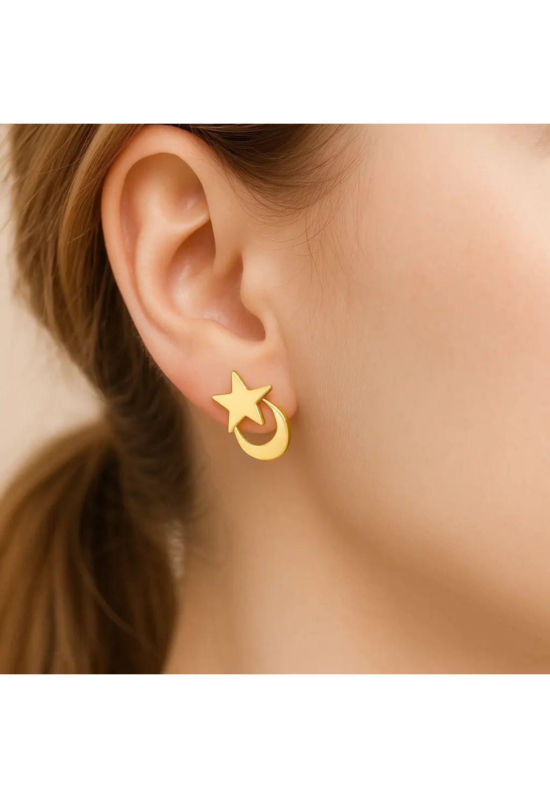 Aros Estrella Y Luna Oro18k 5mm 1gr Mujer Niña Hipoalergénic Dorado-3