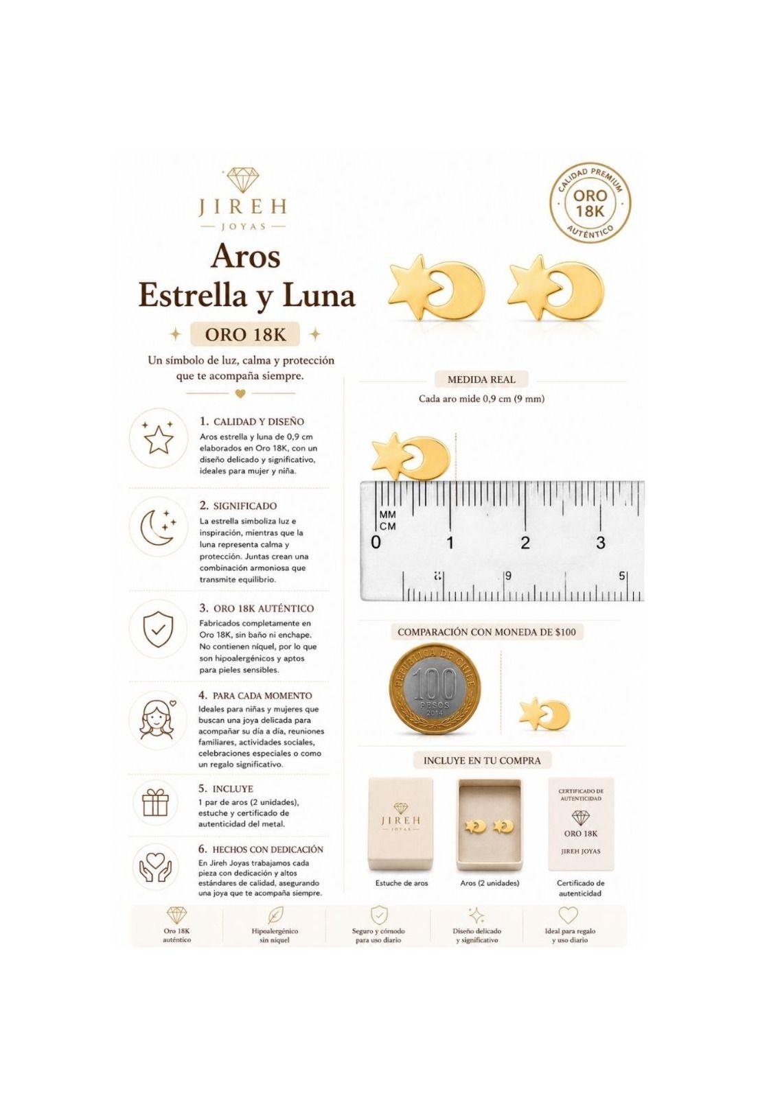 Aros Estrella Y Luna Oro 18k 1gr Mujer Niña Hipoalergénic Dorado-3