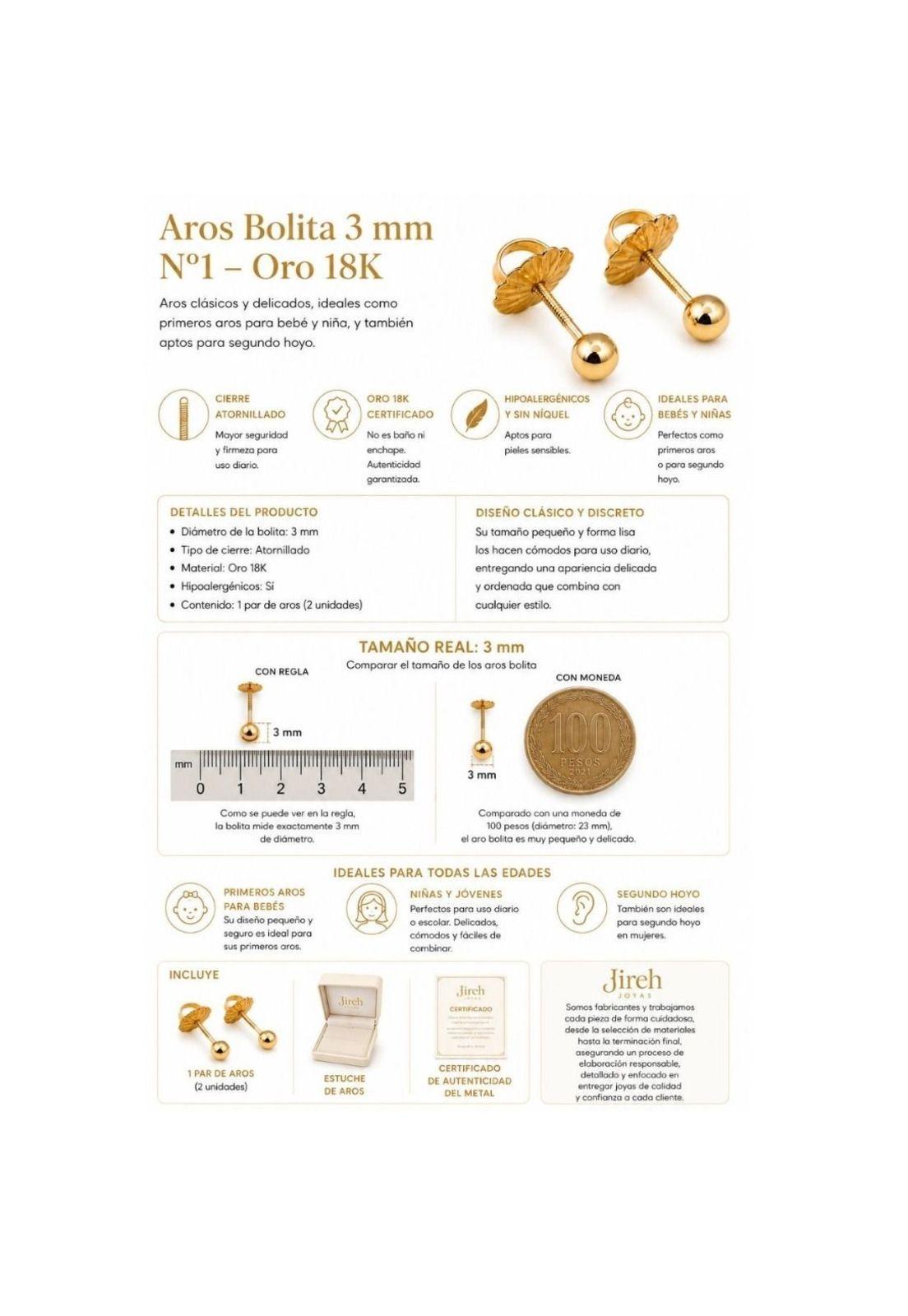 Aros Bolita 3mm N1 Oro 18k 0.50 Gr Bebé Hipoalergénico Dorado-4