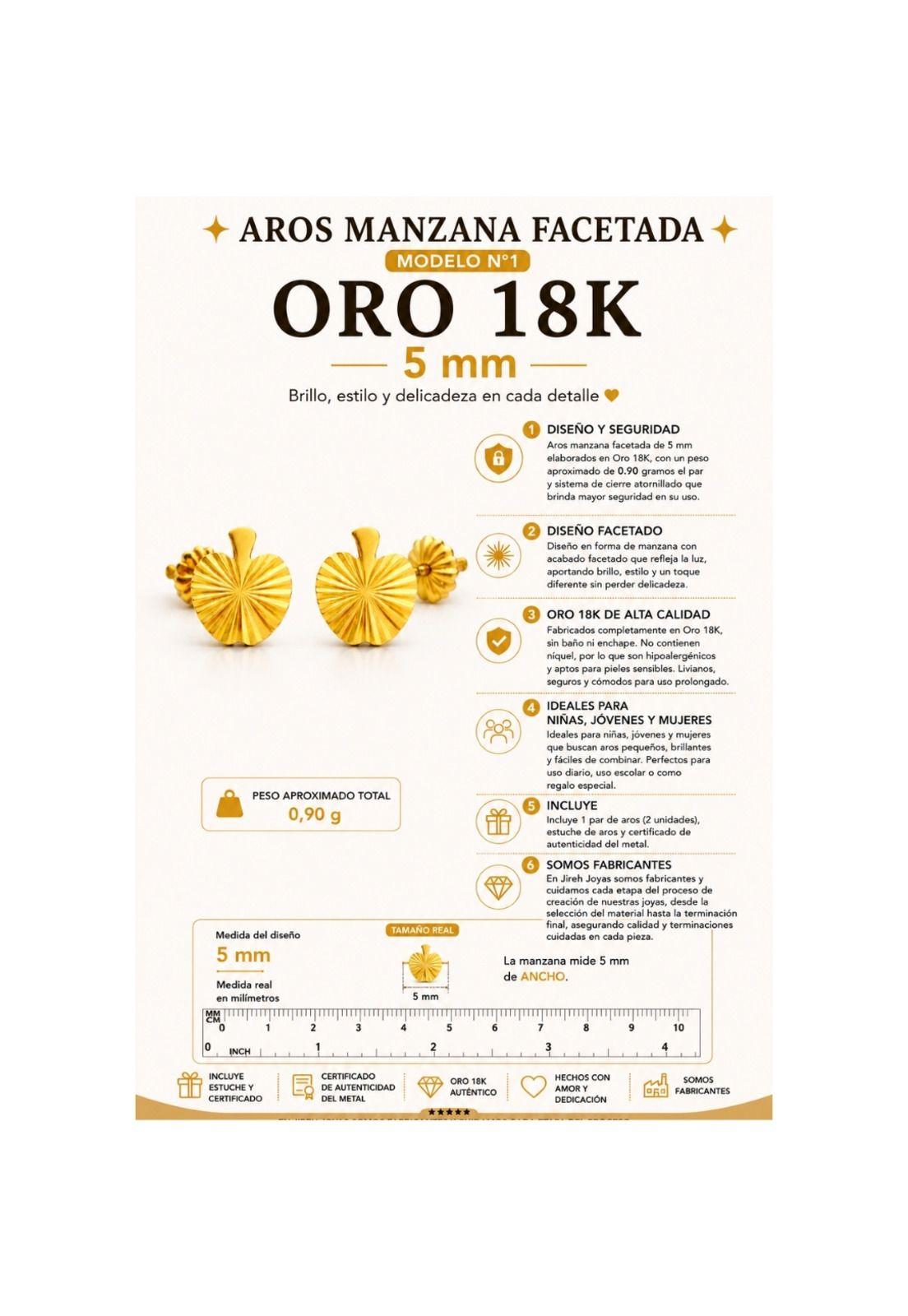 Aros Manzana Facetada 5mm Oro 18k 0.90gr Regalo Mujer Niña Dorado-3