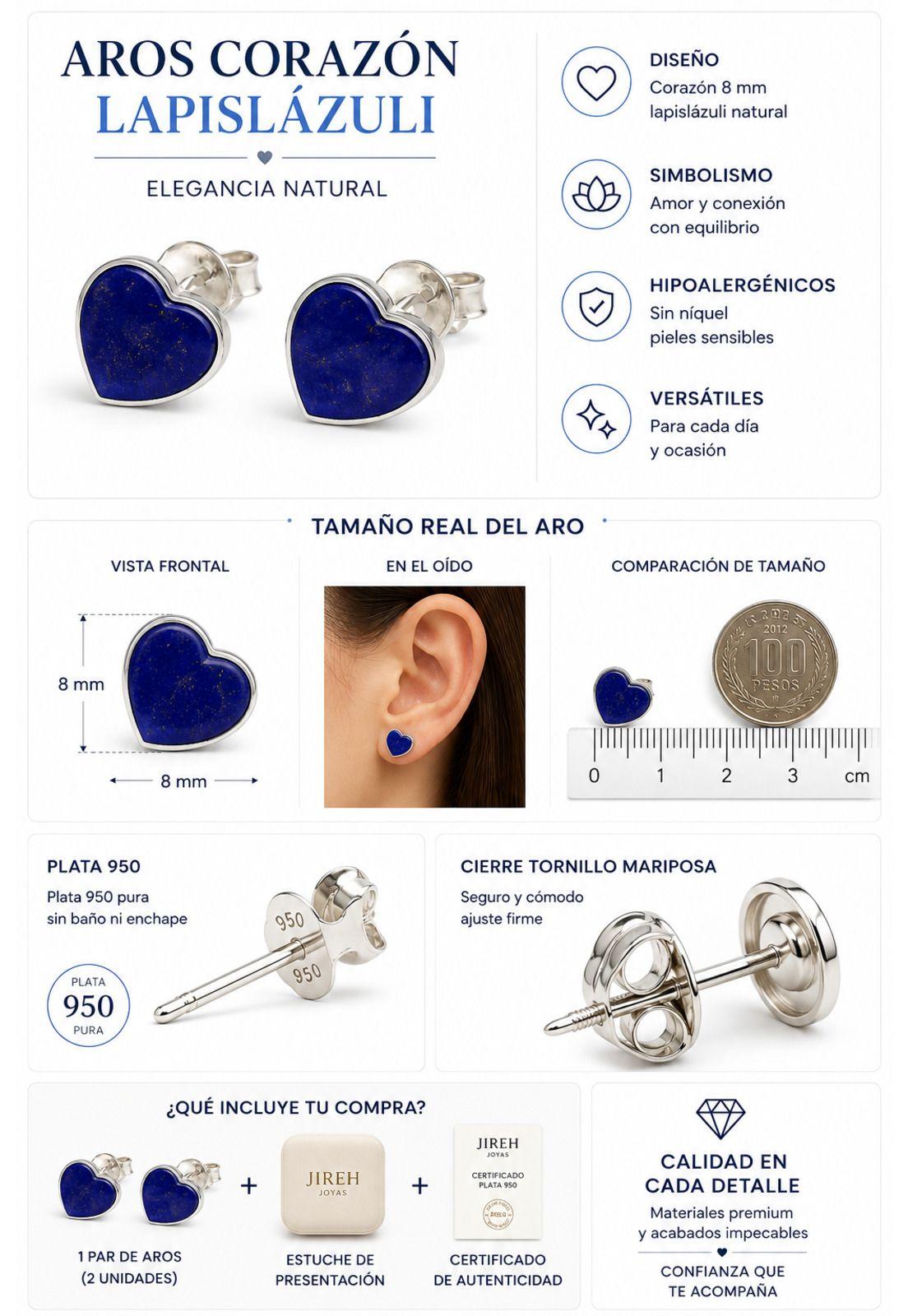 Aros Lapislázuli Corazón Plata 950 8mm Mujer Elegantes Piedra Azul-3