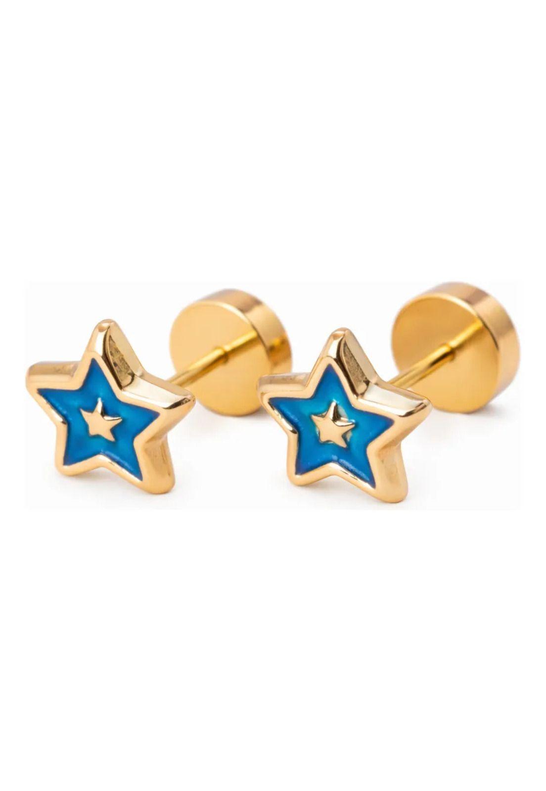 Aros Abridores Estrella Colores 5mm Oro 14k Bebé Niña Azul-0