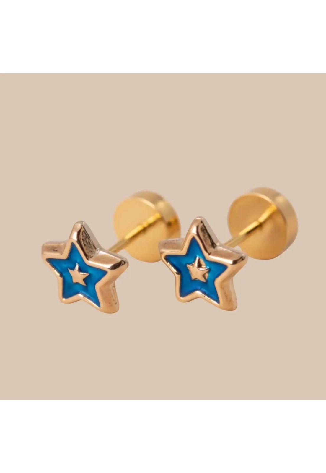 Aros Abridores Estrella Colores 5mm Oro 14k Bebé Niña Azul-1