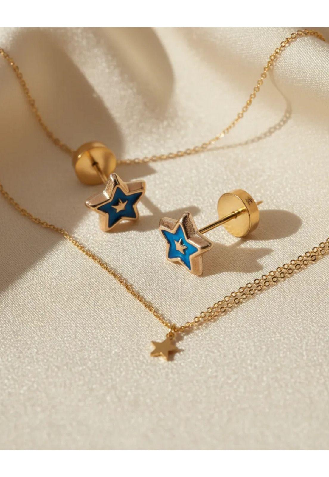 Aros Abridores Estrella Colores 5mm Oro 14k Bebé Niña Azul-3