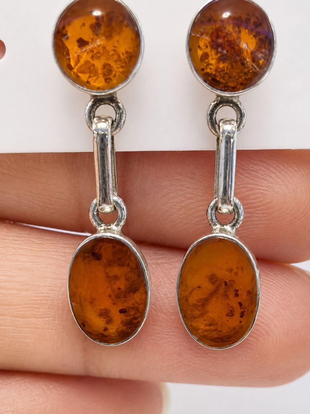 Aros Ámbar Ovalado Plata 950 Tornillo Mariposa Colgantes Mujer Piedra Ámbar-2
