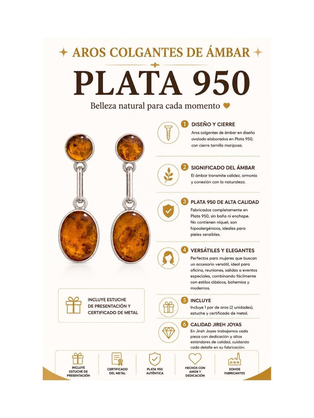 Aros Ámbar Ovalado Plata 950 Tornillo Mariposa Colgantes Mujer Piedra Ámbar-4