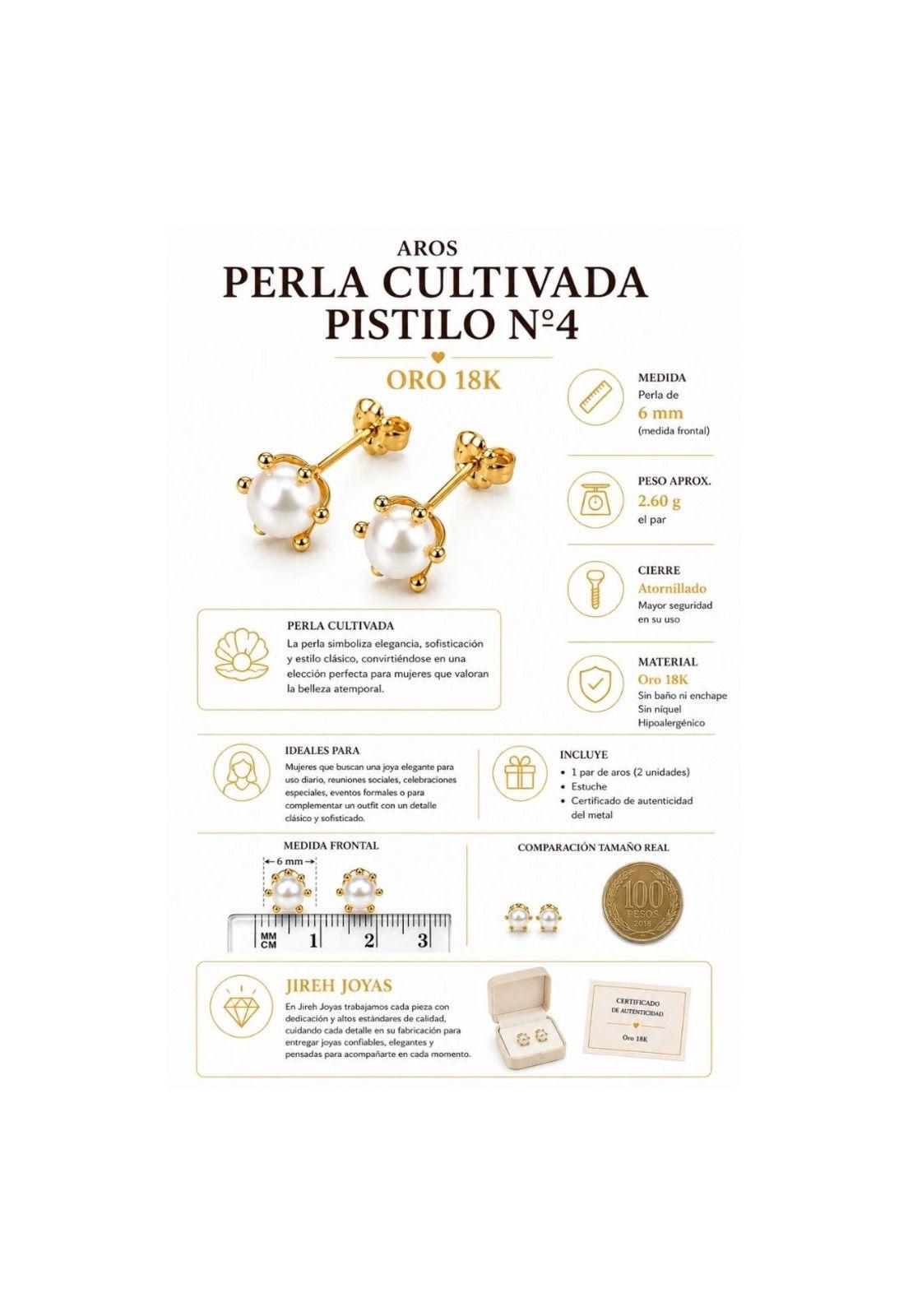 Aros Perla Cultivada Pistilo 6mm N4 Oro 18k 2.50gr Mujer Dorado-2