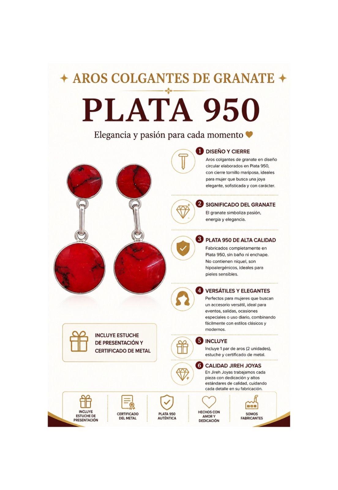 Aros Granate Circular Plata 950 Tornillo Mariposa Colgantes Mujer Elegantes Piedra Roja.-4