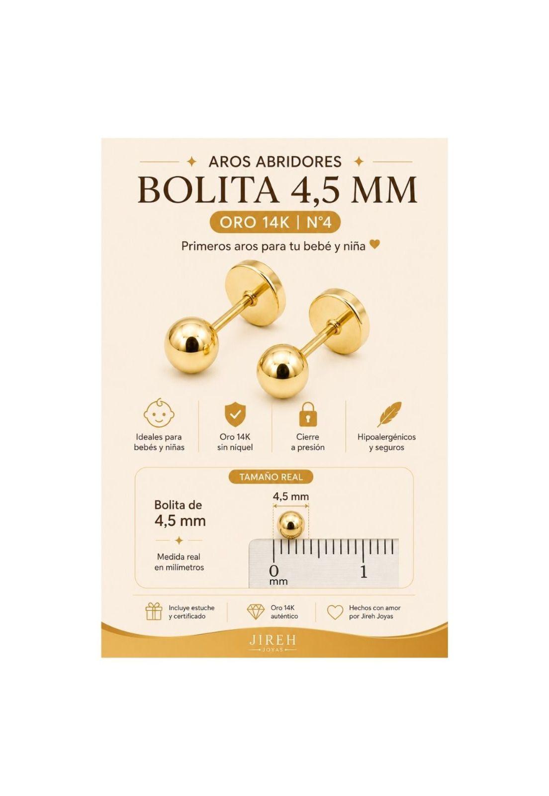 Aros Abridores Bolita 4.5mm N4 Oro14k Bebé Niña Hipoalergénico Dorado-4