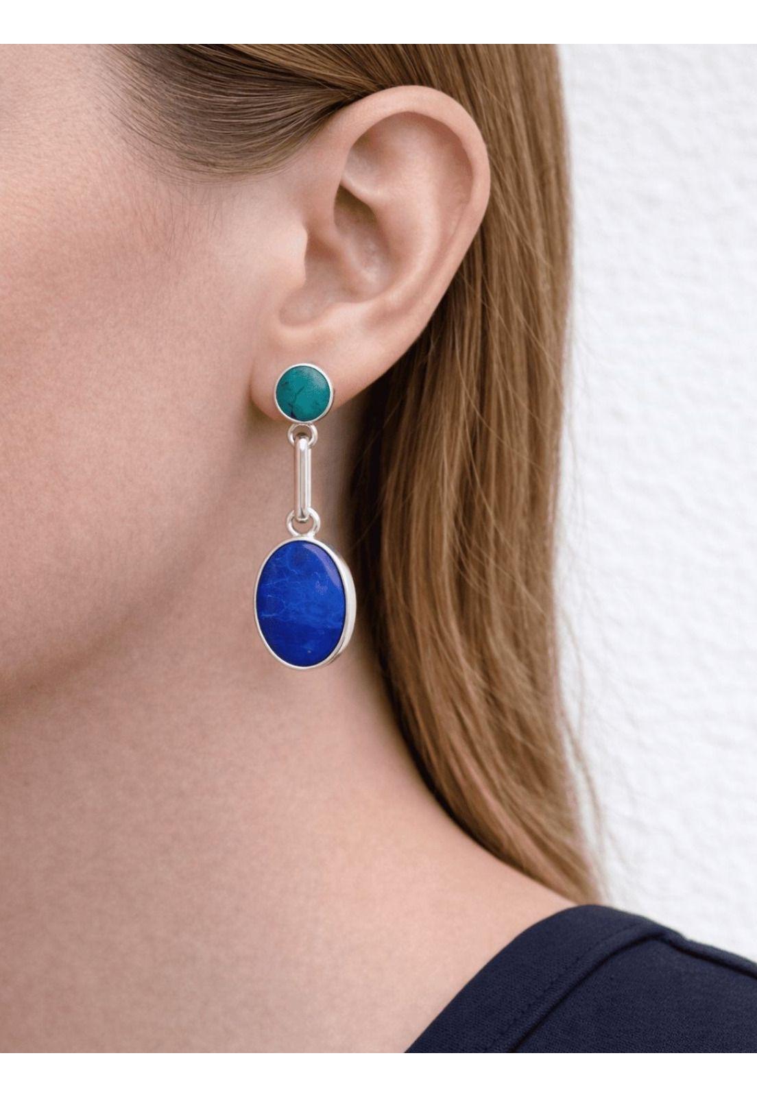 Aros Turquesa Lapislázuli Ovalado Plata 950 Colgantes Mujer Elegantes Piedra Azul.-2