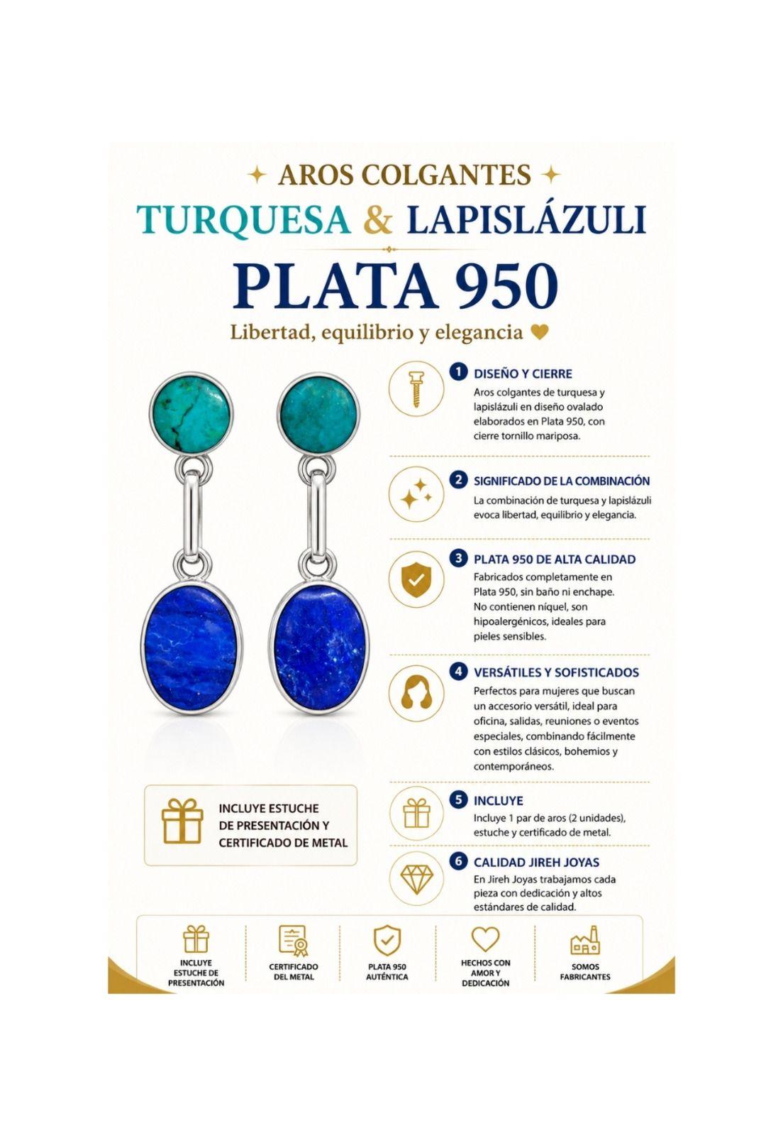 Aros Turquesa Lapislázuli Ovalado Plata 950 Colgantes Mujer Elegantes Piedra Azul.-3