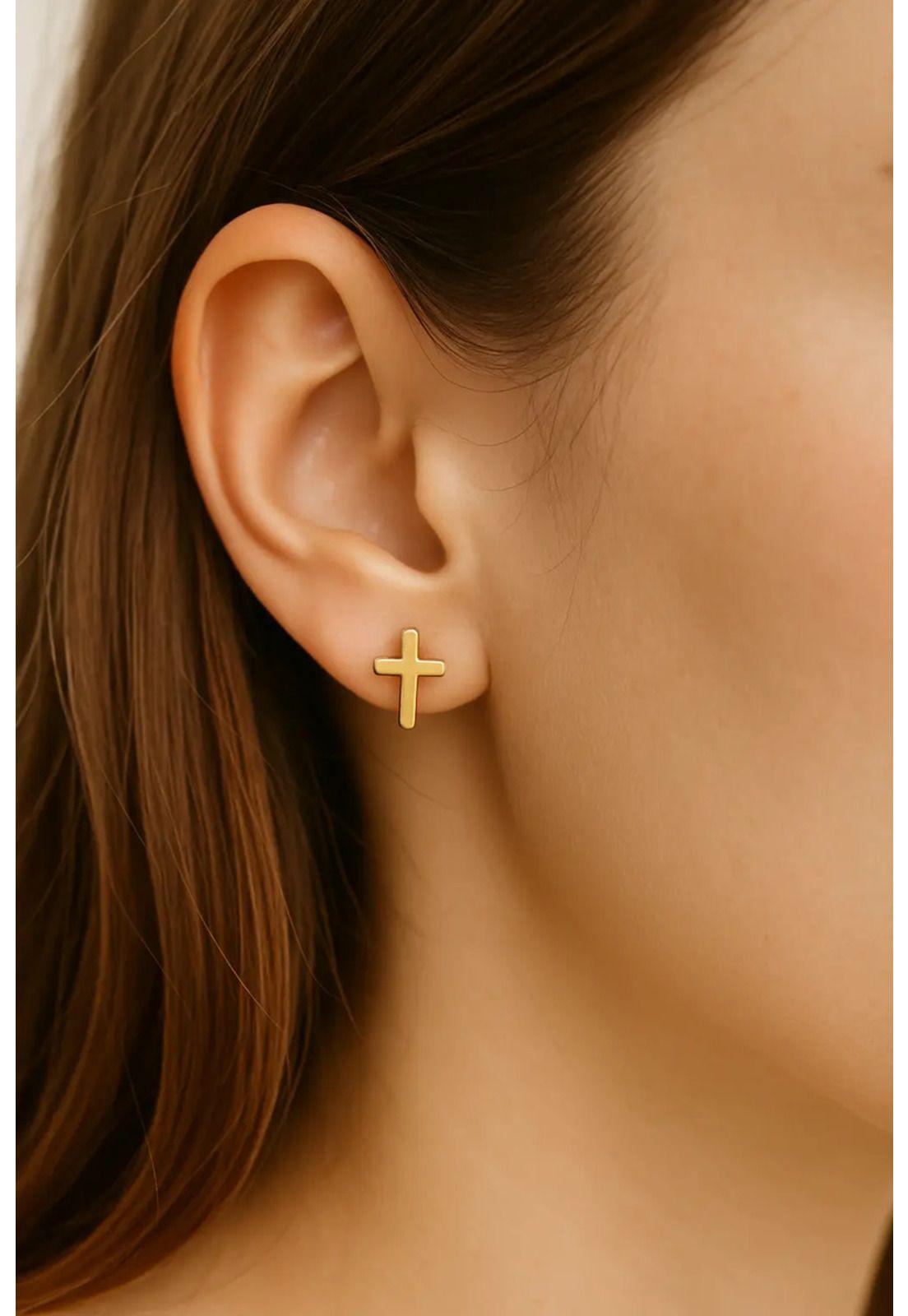 Aros Abridores Cruz 7mm Oro 18k A Presión Bebé Niña Dorado-2