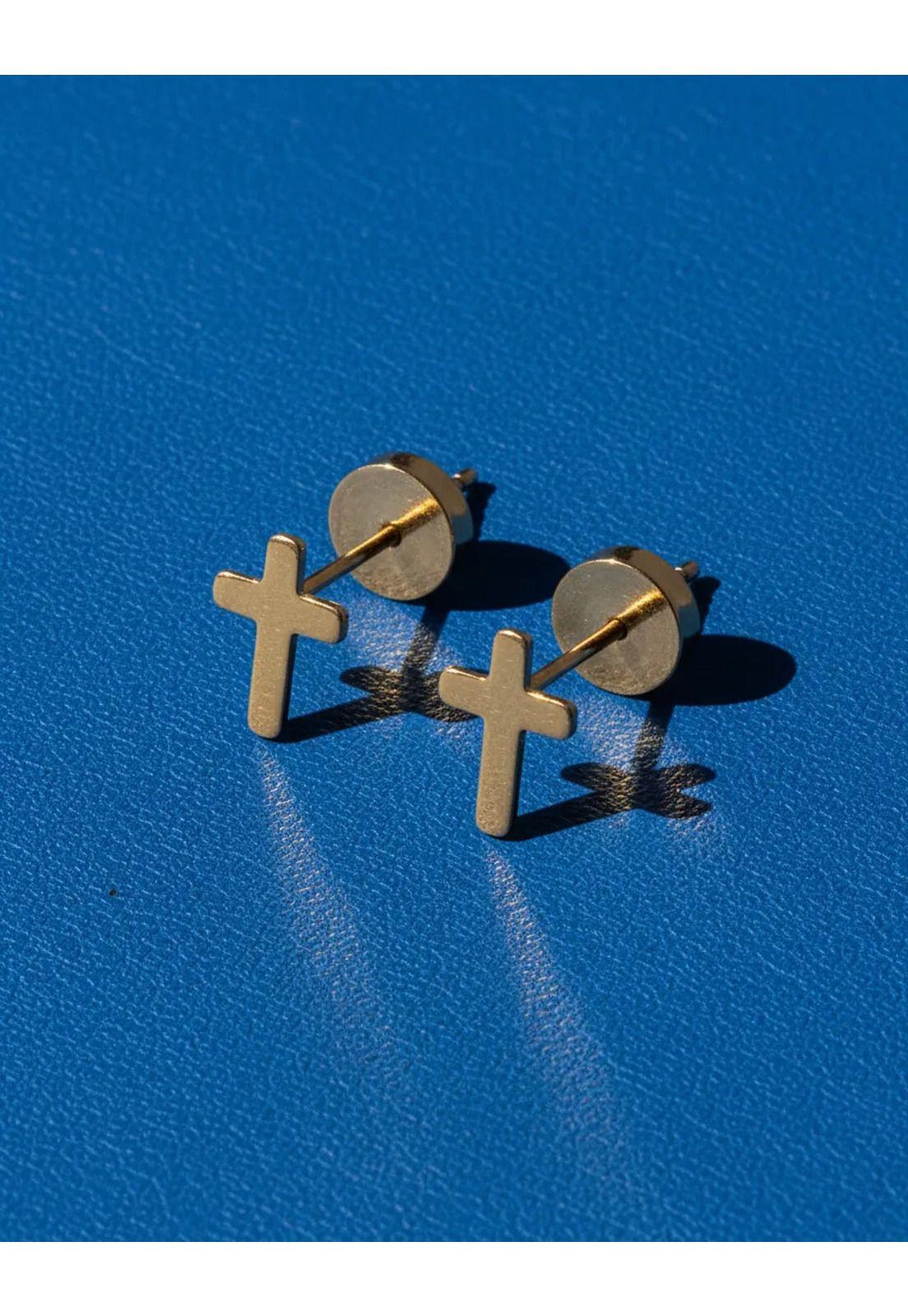 Aros Abridores Cruz 7mm Oro 18k A Presión Bebé Niña Dorado-3