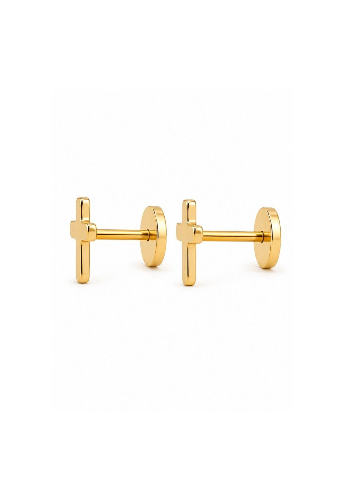 Aros Abridores Cruz 7mm Oro 18k A Presión Bebé Niña Dorado-1