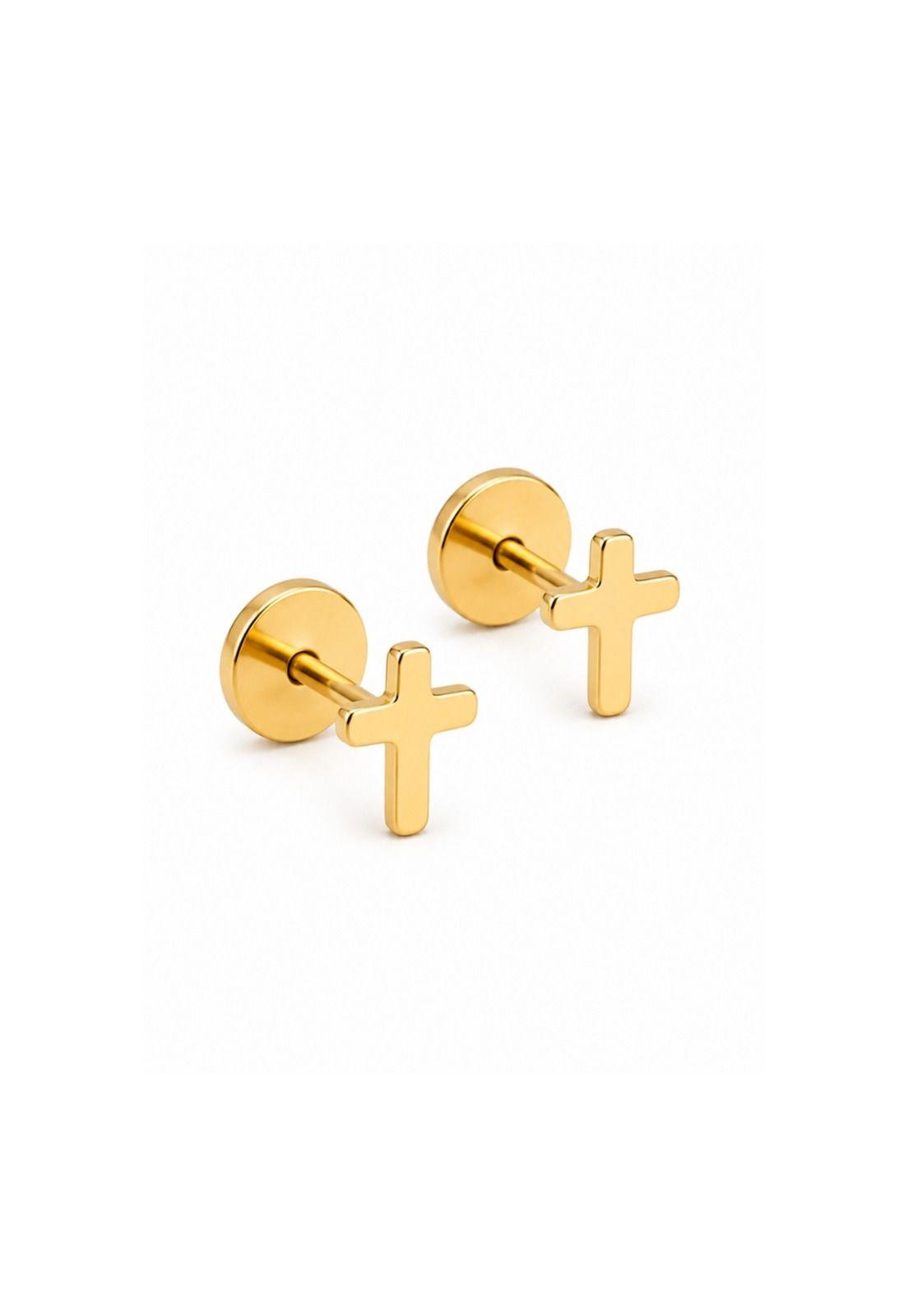 Aros Abridores Cruz 7mm Oro 18k A Presión Bebé Niña Dorado-2
