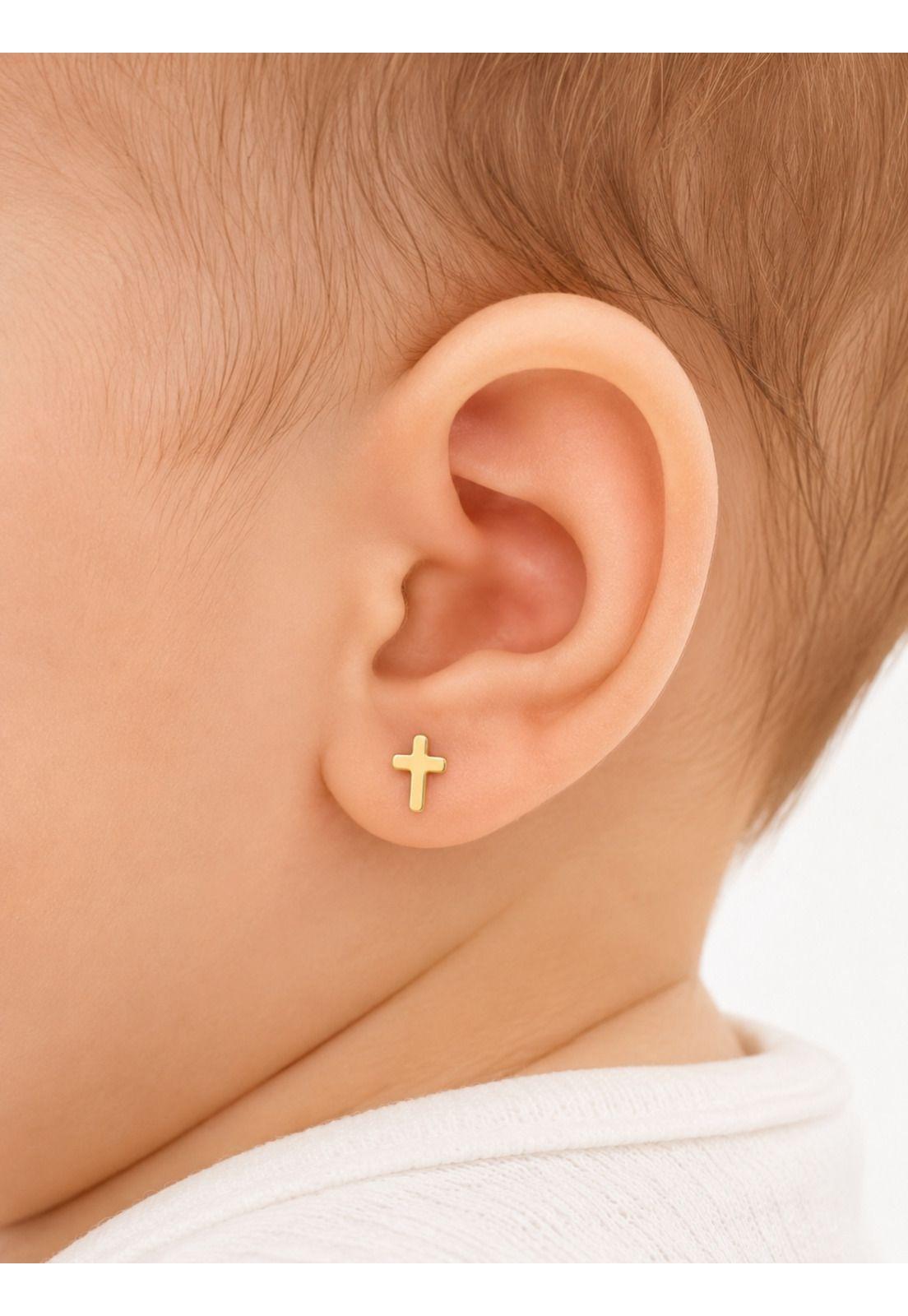 Aros Abridores Cruz 7mm Oro 18k A Presión Bebé Niña Dorado-3