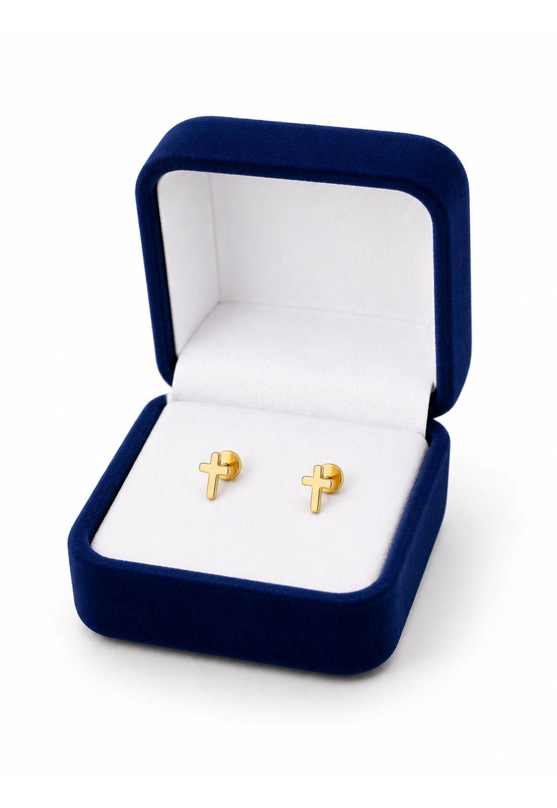 Aros Abridores Cruz 7mm Oro 18k A Presión Bebé Niña Dorado-4