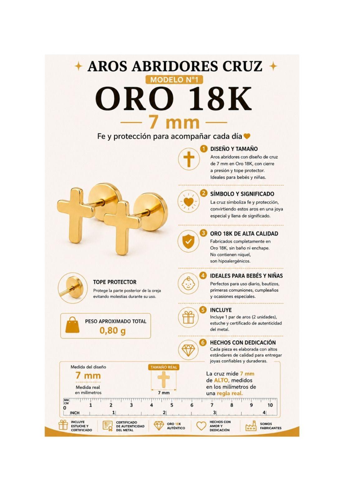Aros Abridores Cruz 7mm Oro 18k A Presión Bebé Niña Dorado-5