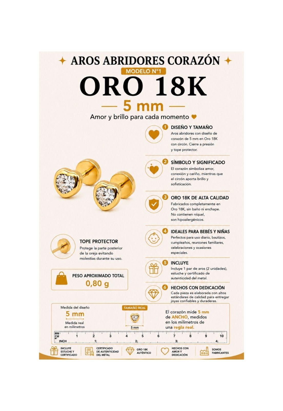 Aros Abridores Corazón 5mm Oro 18k Circón Bebé Niña-5
