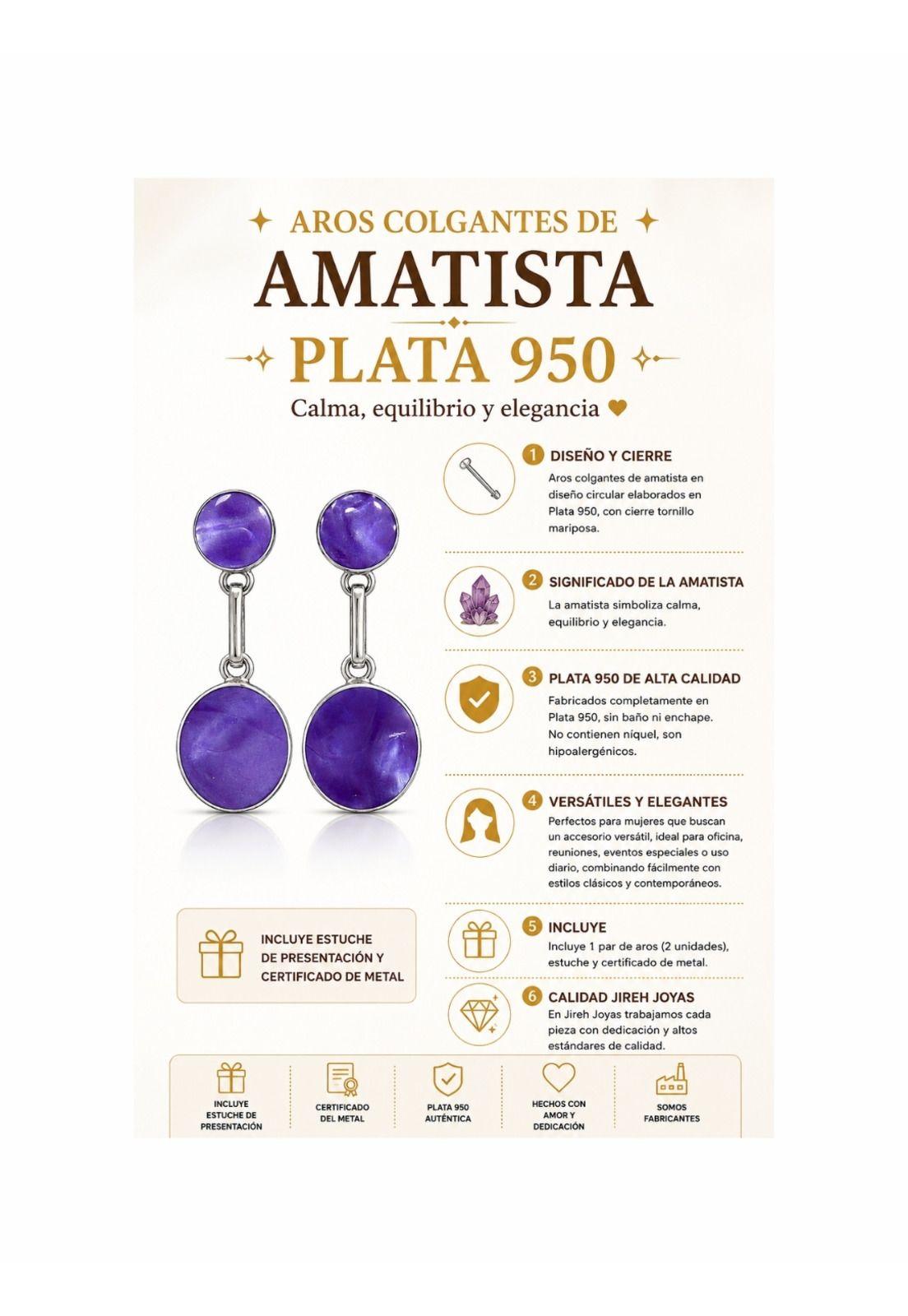Aros Amatista Circular Plata 950 Colgantes Mujer Elegantes Piedra Violeta.-5