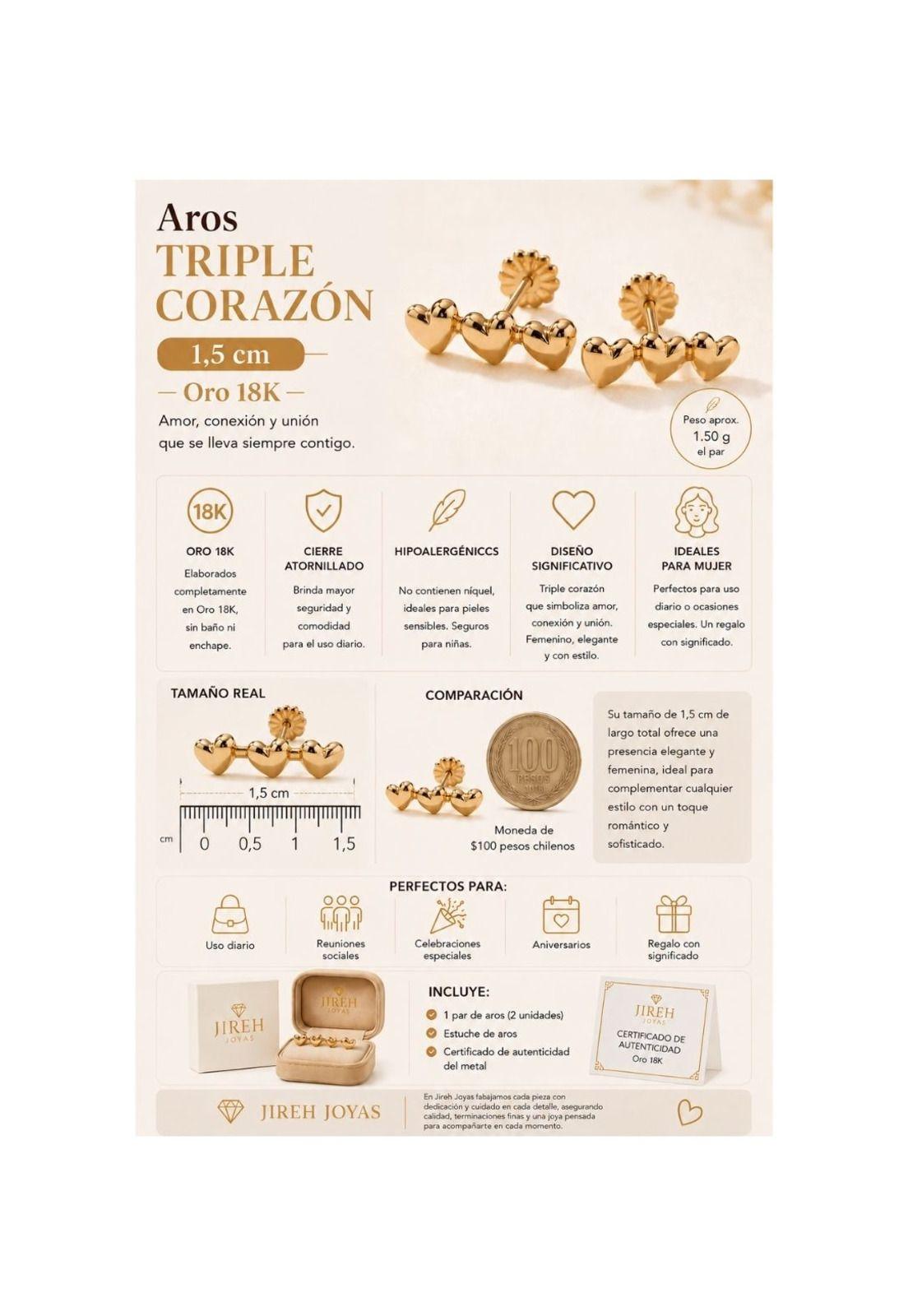Aros Triple Corazón 1,5cm  Oro 18k Atornillados 1.50gr Mujer Dorado-4