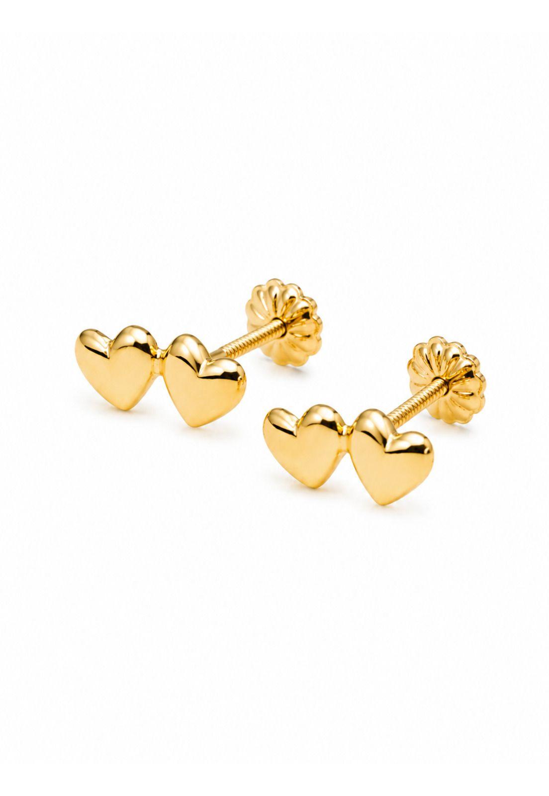 Aros Doble Corazón Oro 18k Atornillados 1.10gr Mujer Niña Dorado-0