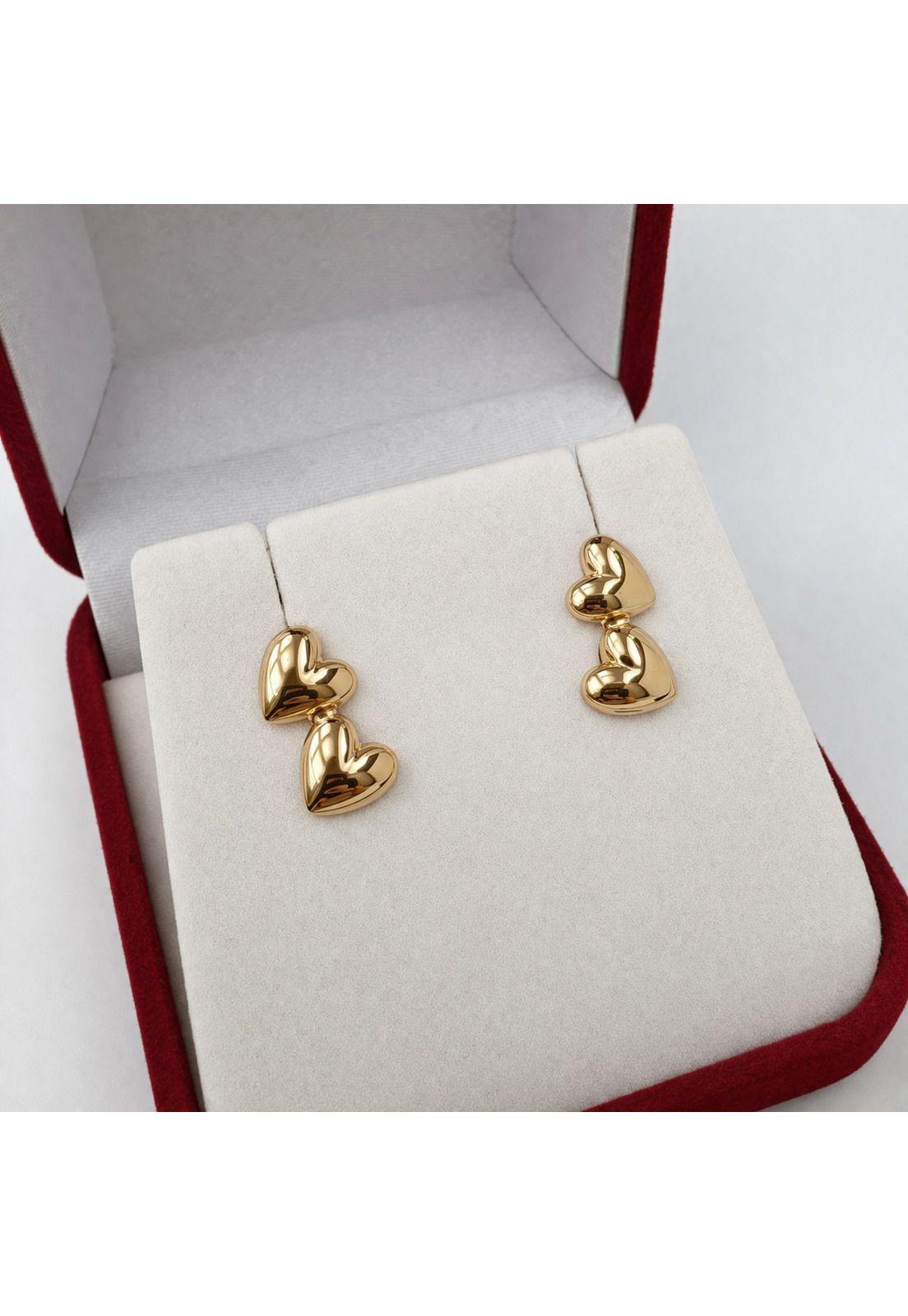 Aros Doble Corazón Oro 18k Atornillados 1.10gr Mujer Niña Dorado-2
