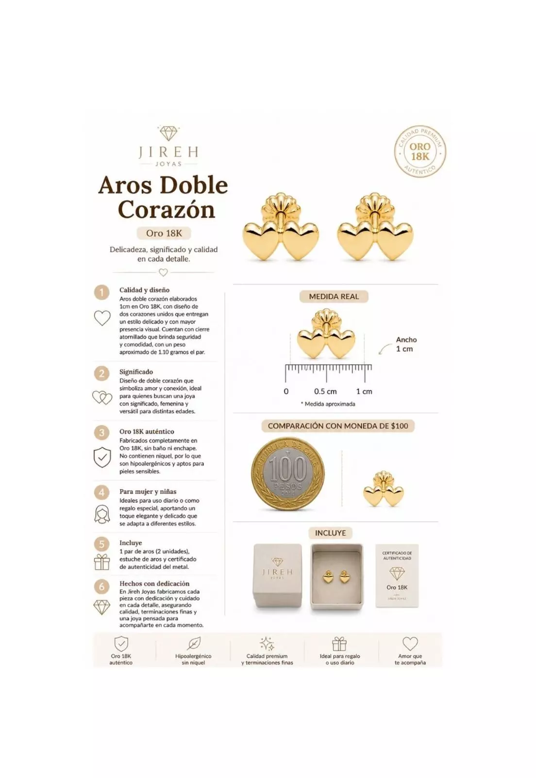 Aros Doble Corazón Oro 18k Atornillados 1.10gr Mujer Niña Dorado-4