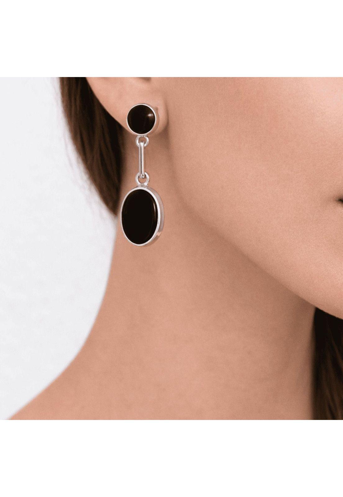 Aros Ónix Ovalado Plata 950 Tornillo Mariposa Colgantes Mujer Elegantes Piedra Negra.-2