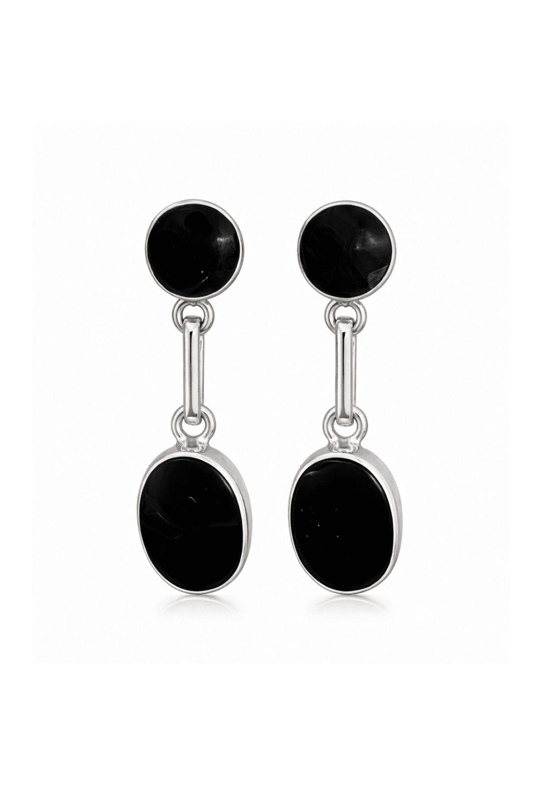Aros Ónix Ovalado Plata 950 Tornillo Mariposa Colgantes Mujer Elegantes Piedra Negra.-0