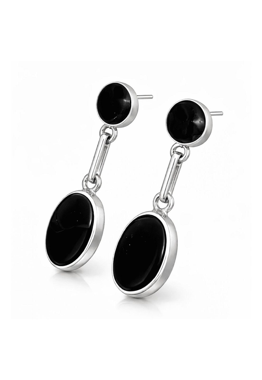 Aros Ónix Ovalado Plata 950 Tornillo Mariposa Colgantes Mujer Elegantes Piedra Negra.-1
