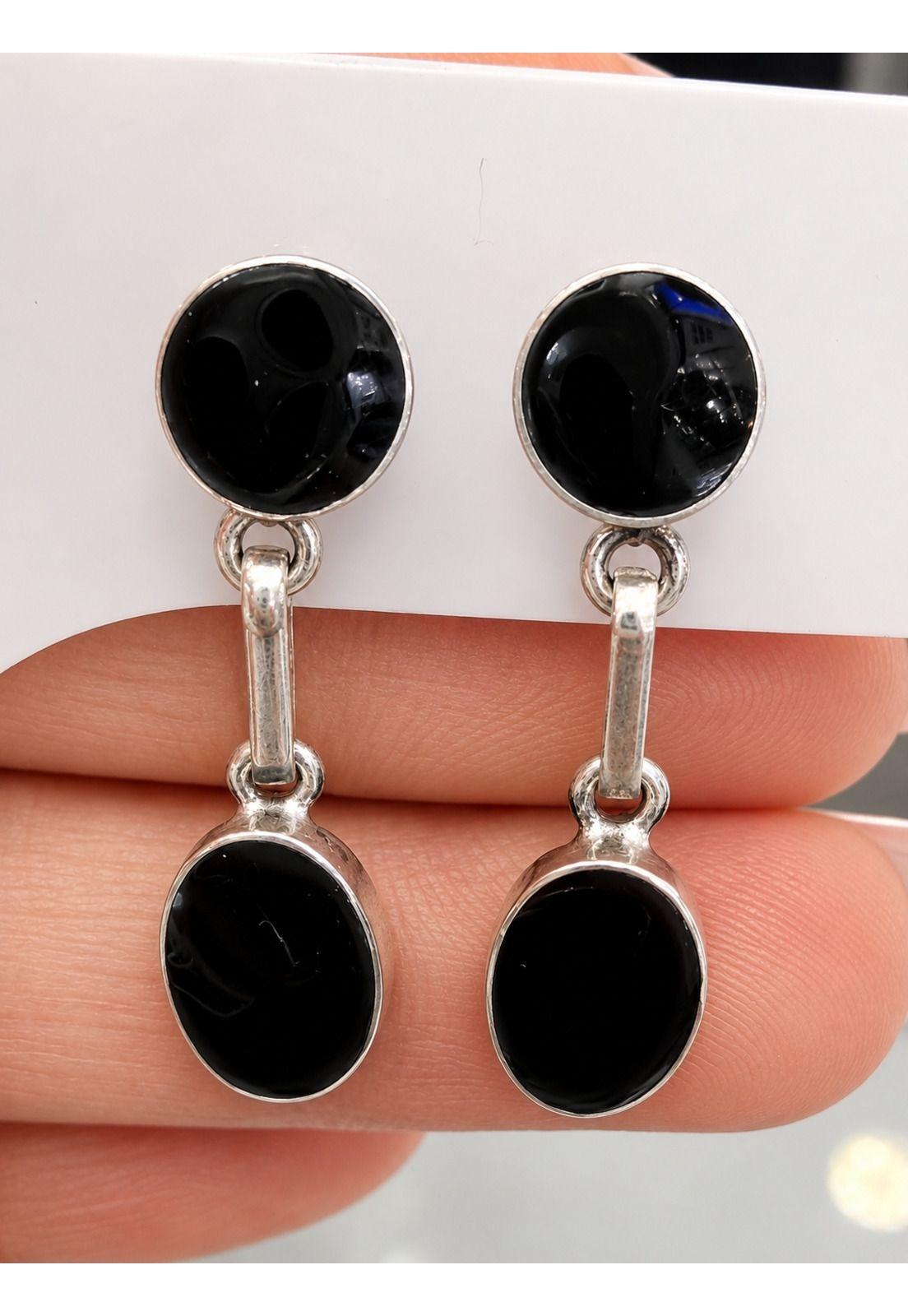 Aros Ónix Ovalado Plata 950 Tornillo Mariposa Colgantes Mujer Elegantes Piedra Negra.-2