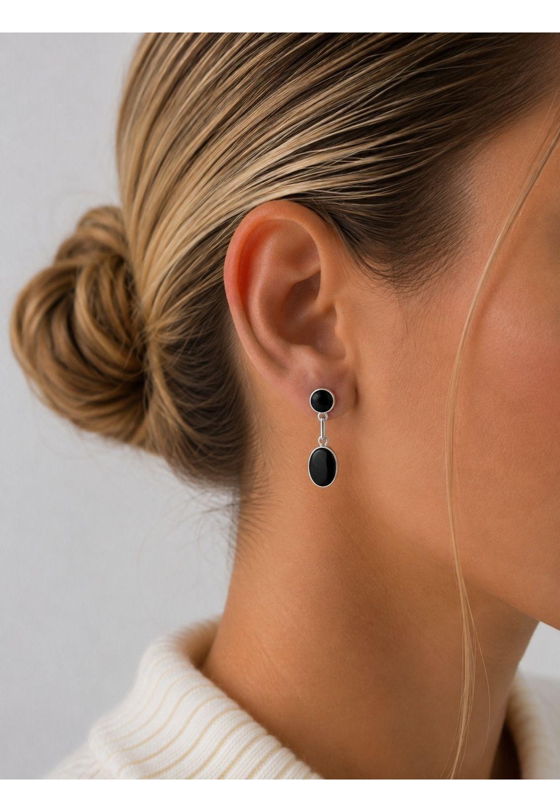 Aros Ónix Ovalado Plata 950 Tornillo Mariposa Colgantes Mujer Elegantes Piedra Negra.-3