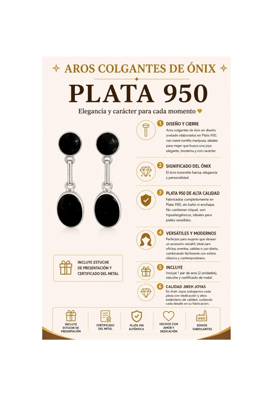Aros Ónix Ovalado Plata 950 Tornillo Mariposa Colgantes Mujer Elegantes Piedra Negra.-4