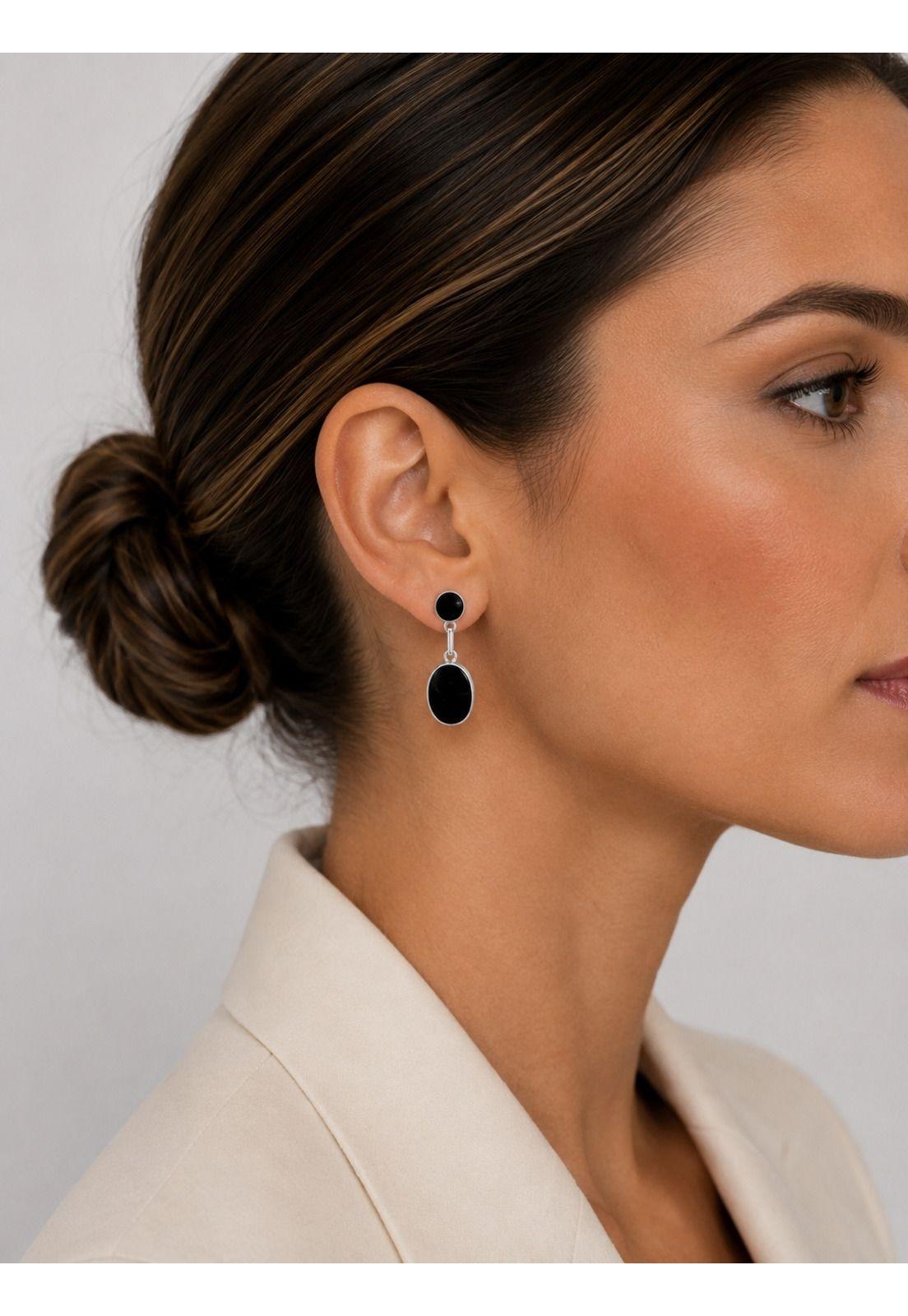 Aros Ónix Ovalado Plata 950 Tornillo Mariposa Colgantes Mujer Elegantes Piedra Negra.-5